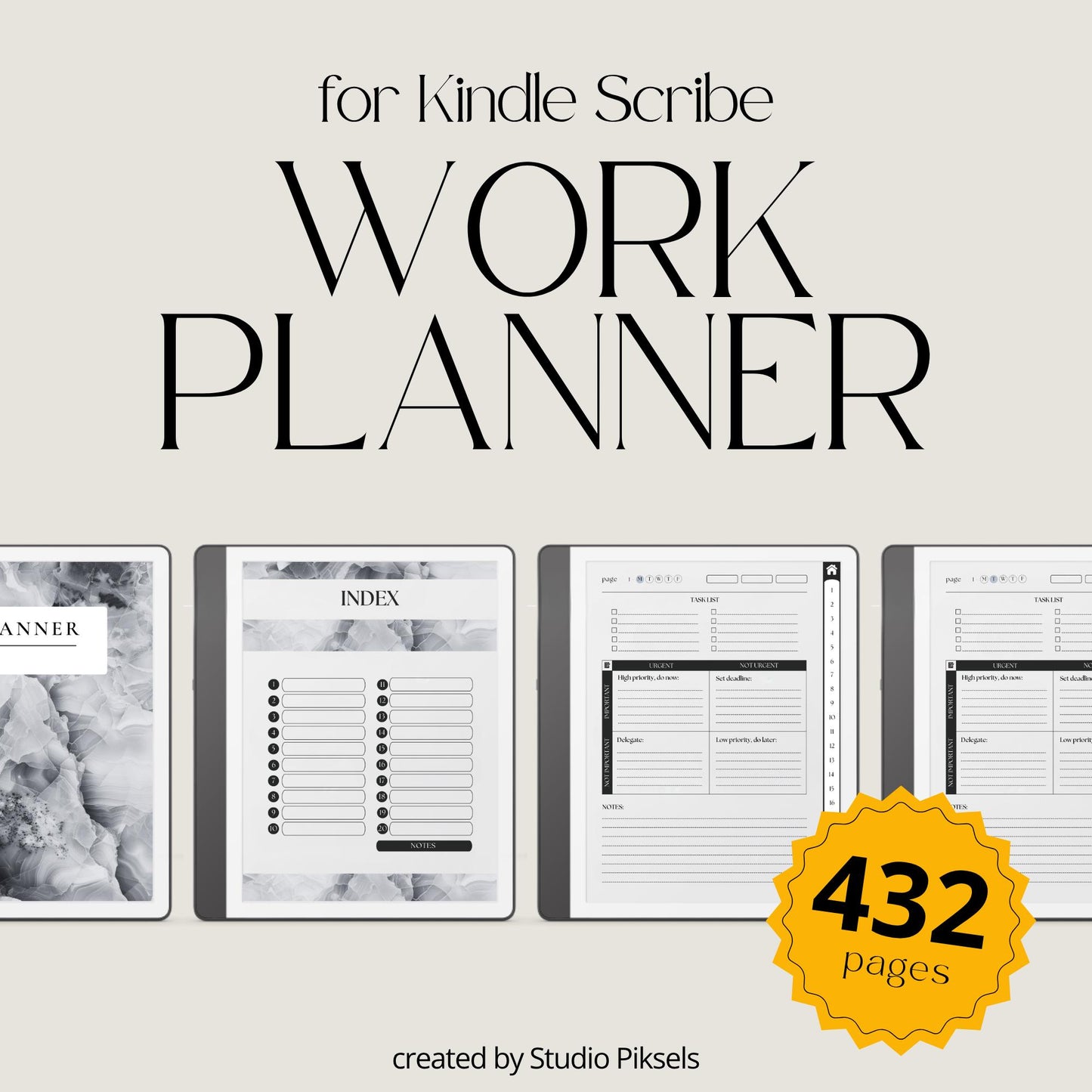 Work Planner Bundle for Kindle Scribe featuring hyperlinked productivity planners with daily planning pages, Eisenhower Matrix layouts, and grayscale gemstone covers.