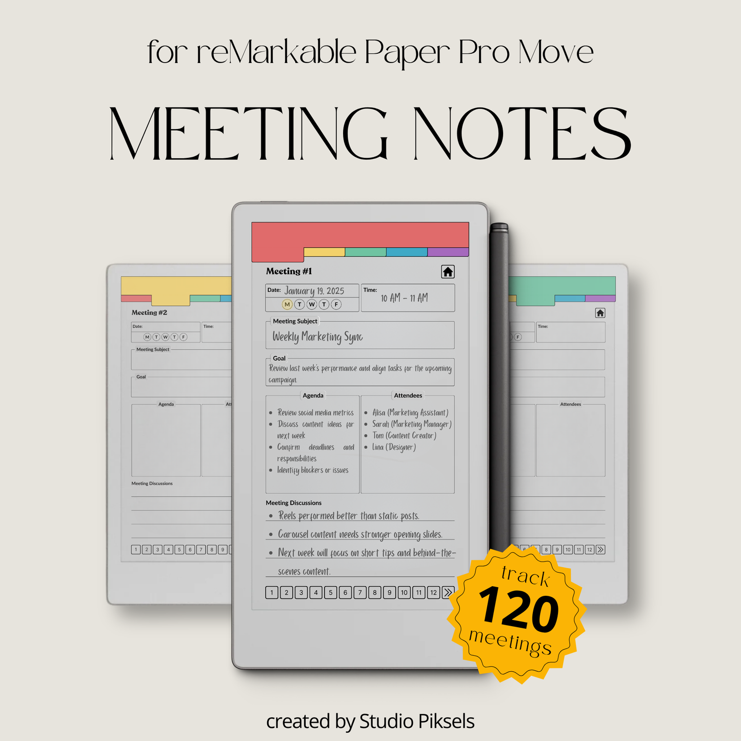Meeting Notebook PDF for reMarkable Paper Pro Move with 120 meeting tracker, hyperlinked pages, and structured layout.