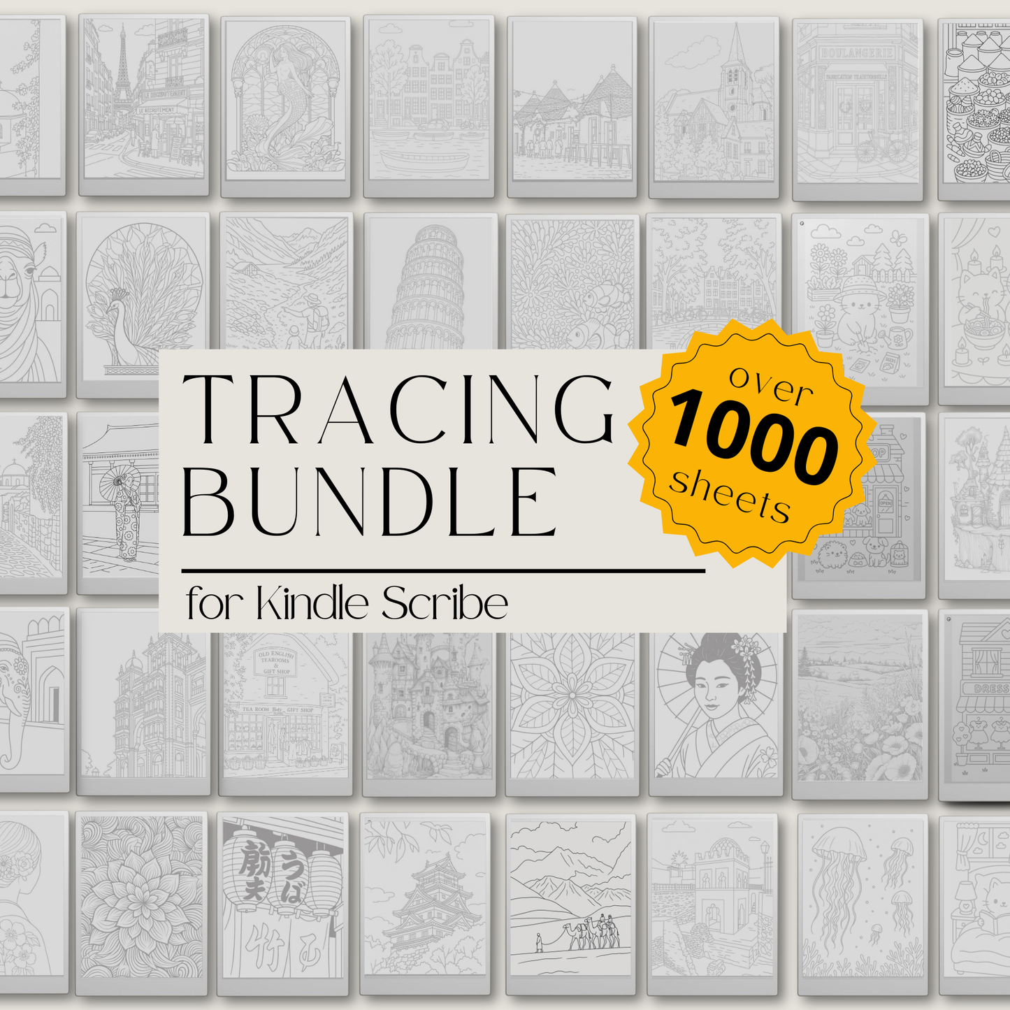 XL Tracing Bundle for Kindle Scribe featuring travel-themed tracing books, mandala patterns, floral designs, stained glass art, ocean scenes, and creative tracing pages for mindful digital drawing