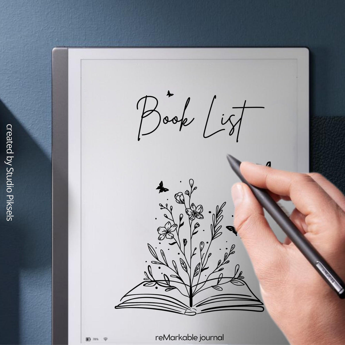 Book List for reMarkable 2 and reMarkable Paper Pure featuring reusable digital reading tracker pages with book title, author, and progress sections.
