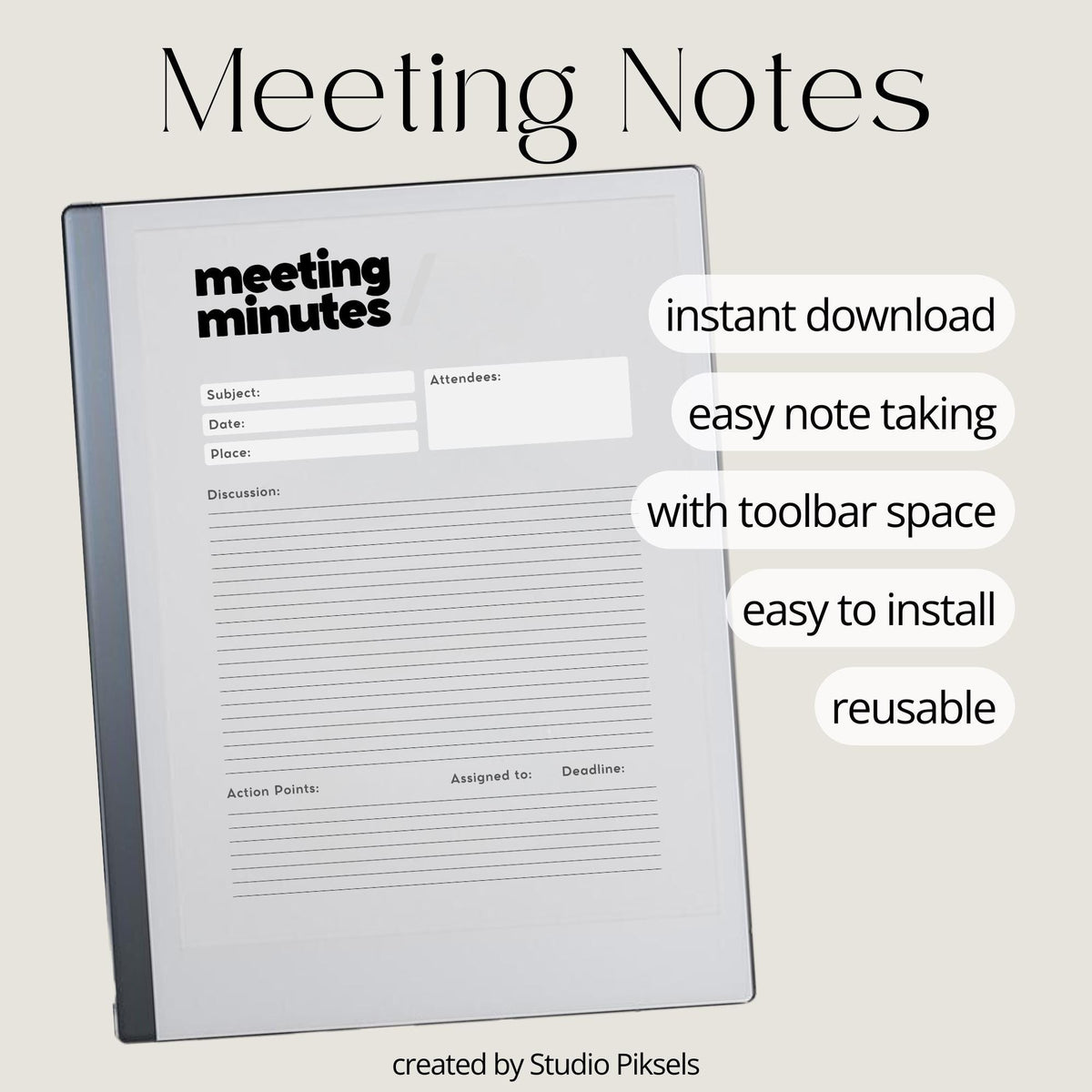 Meeting Minutes Template Bundle PDF for reMarkable 2 and Paper Pure with grayscale meeting templates, lined notes pages, and dotted note-taking layouts