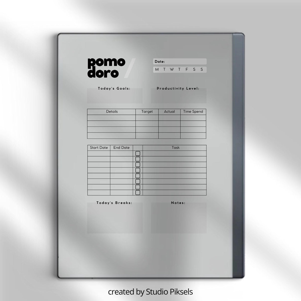 Pomodoro Planner for reMarkable featuring a minimalist digital PDF notebook with 50 Pomodoro tracker pages, focused work session sections, task planning areas, extra note-taking sheets, and clean productivity layout.