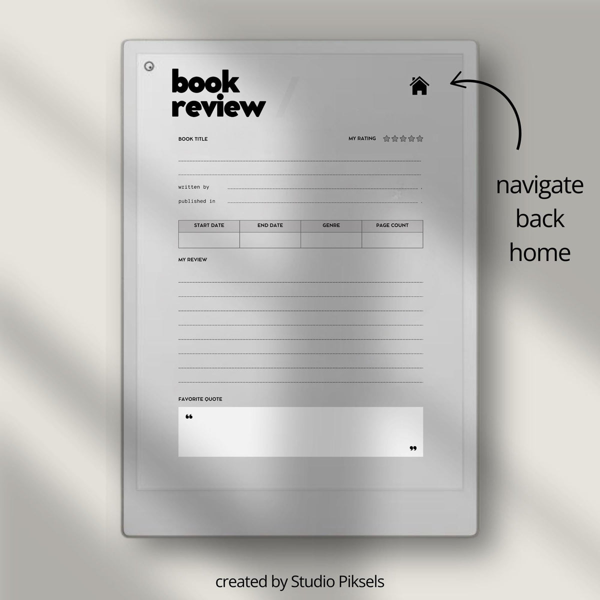 Hyperlinked Reading Tracker for reMarkable Paper Pro with interactive book review pages, linked reading sections, and digital reading journal layouts.