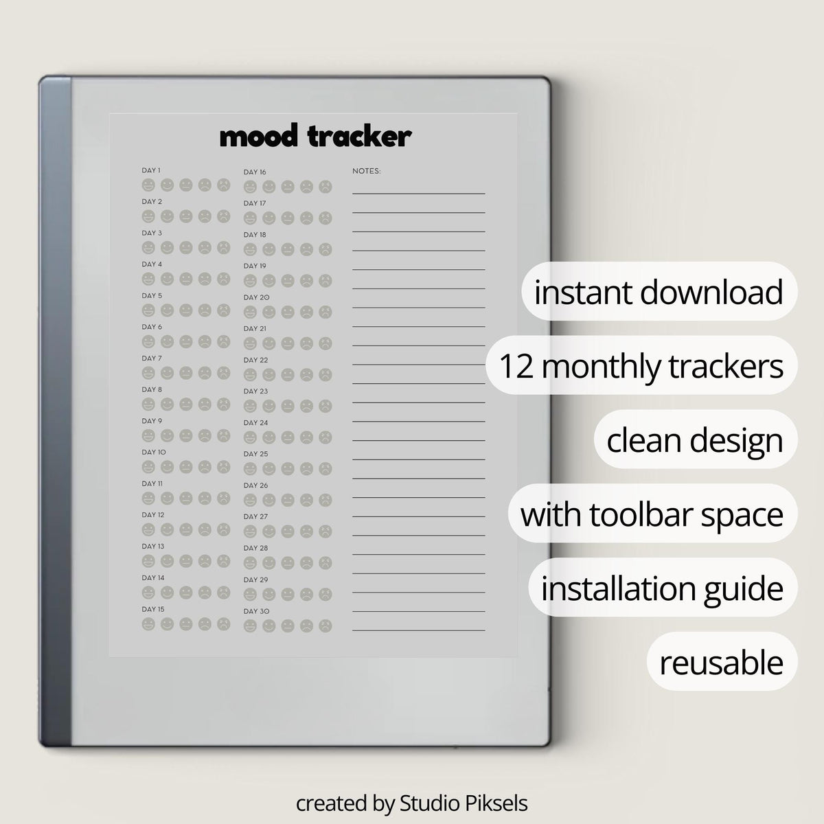 Yearly digital mood tracker for reMarkable Paper Pure and reMarkable 2 with monthly emotional tracking layouts