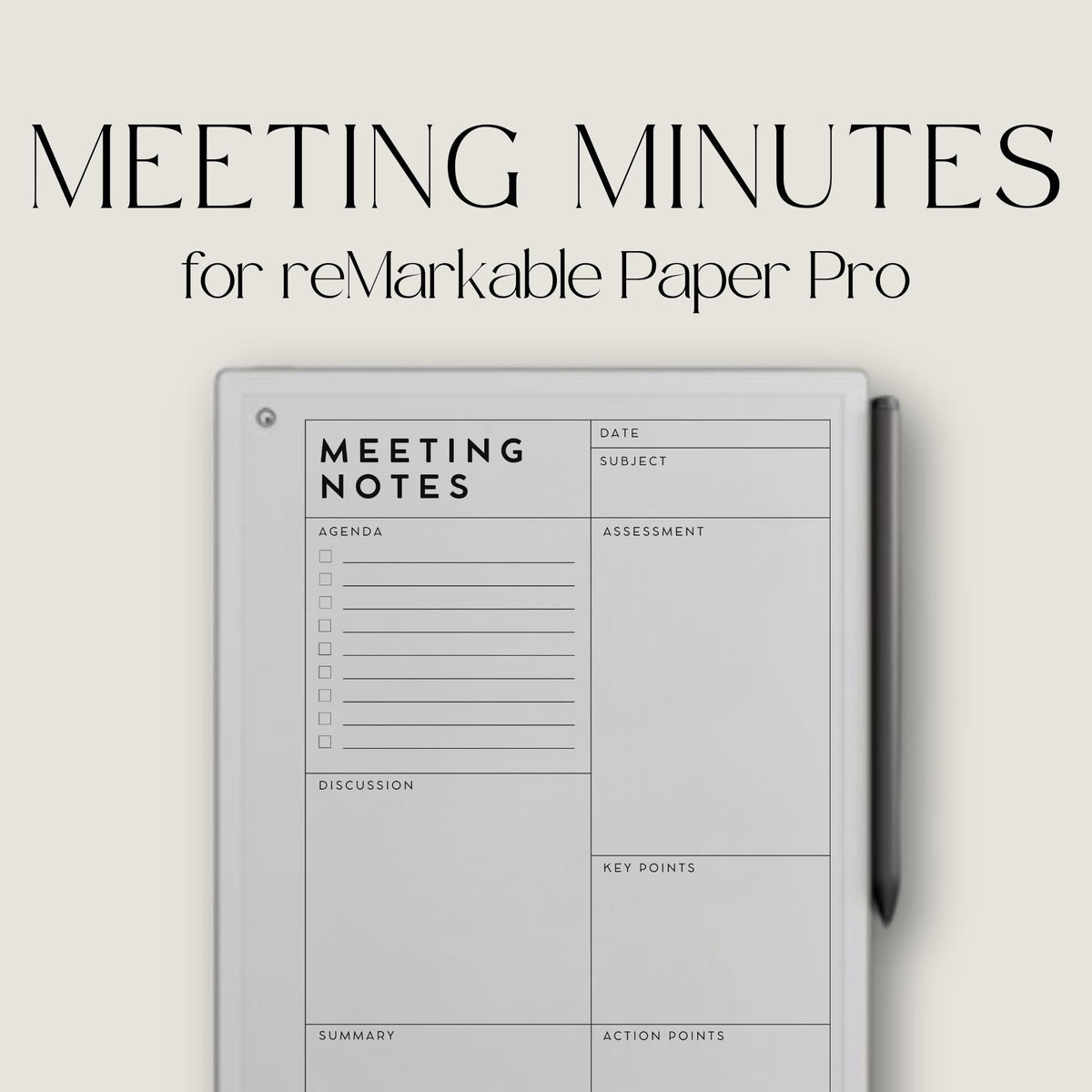 Meeting Minutes Template for reMarkable Paper Pro with structured meeting note layouts, lined writing pages, and professional digital notebooks for productivity and planning.