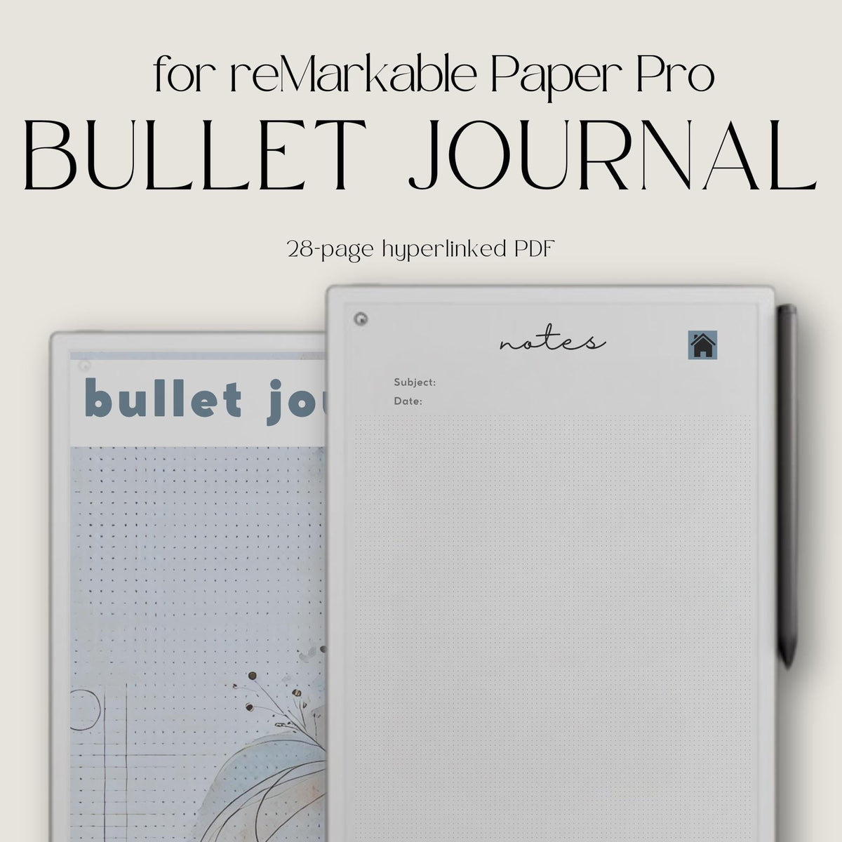 Hyperlinked Bullet Journal Bundle for reMarkable Paper Pro with dot grid notebook layouts, digital journaling pages, productivity planning templates, and reusable notebook PDFs.