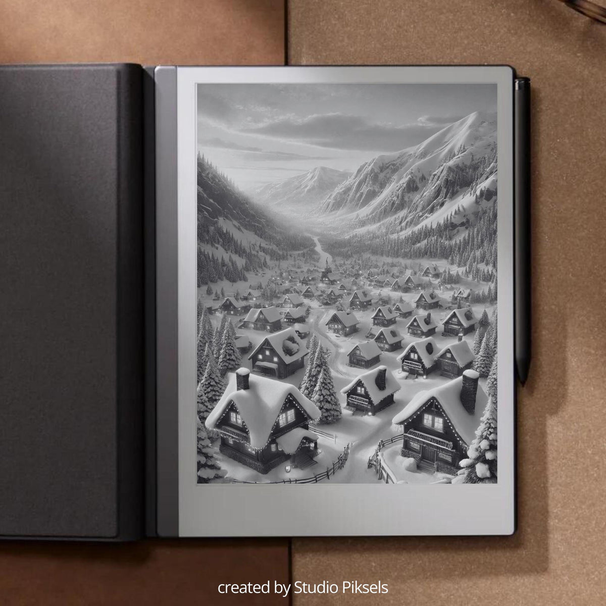 Christmas Winter Sleep Screen Bundle for reMarkable 1, reMarkable 2, and Paper Pure featuring festive holiday scenes, snowy landscapes, cozy cabins, and grayscale sleep screen artwork optimized for E Ink displays.