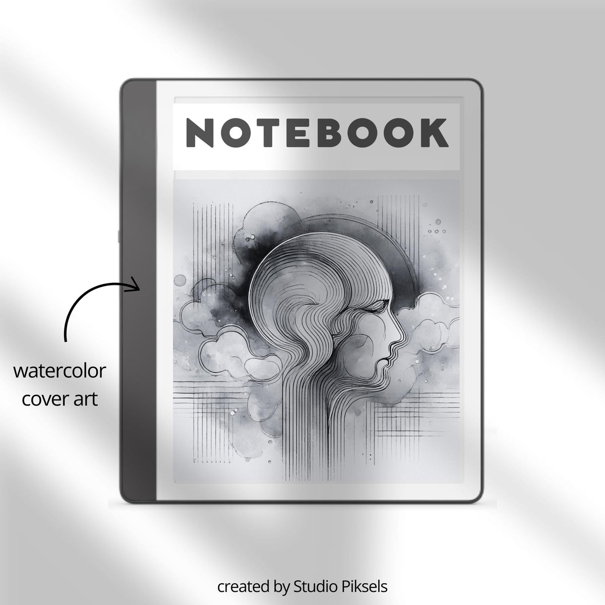 Hyperlinked Notebook for Kindle Scribe with lined digital note-taking pages, watercolor cover design, and clickable index navigation.