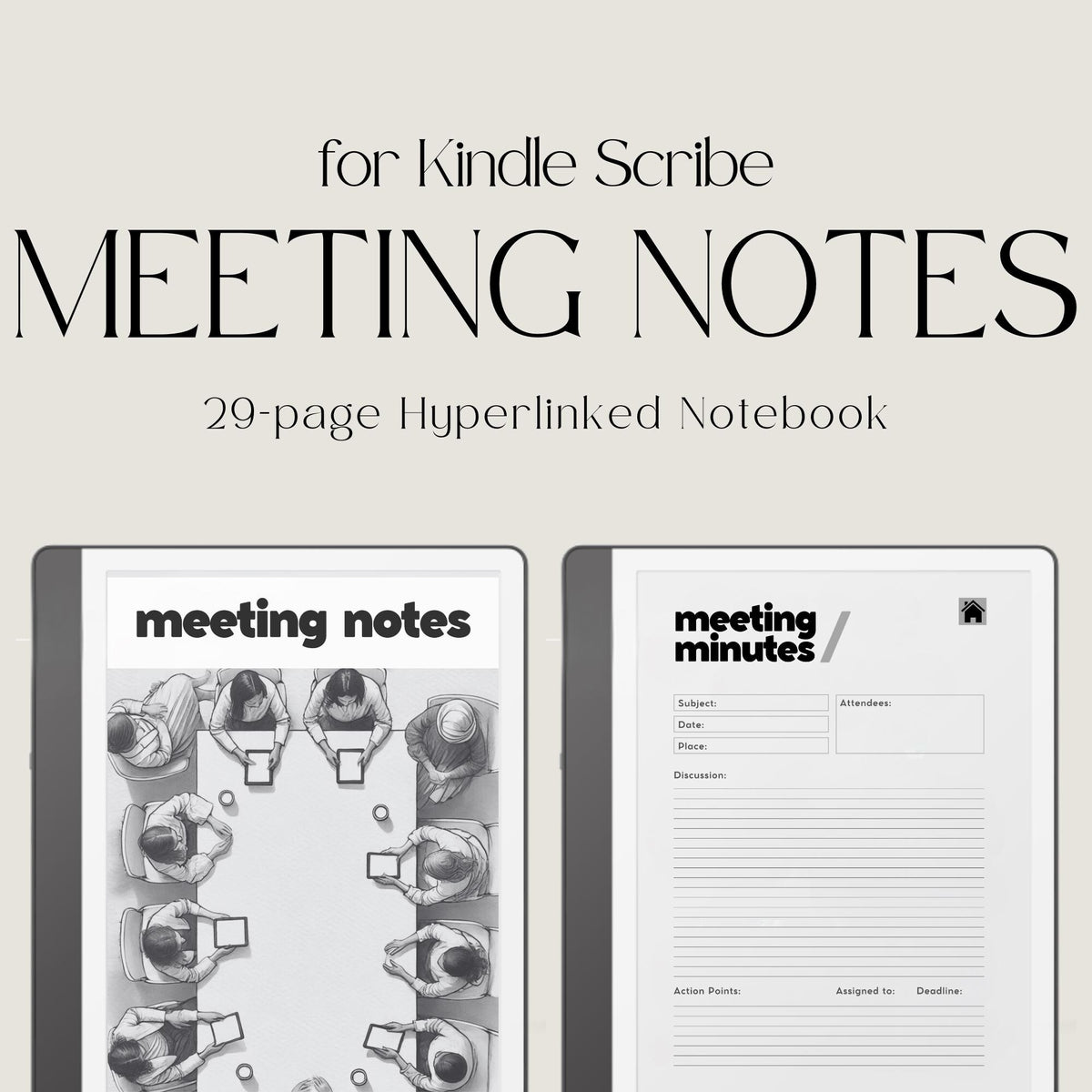 Meeting Notes Notebook for Kindle Scribe featuring hyperlinked meeting pages, action point trackers, extra notes sections, and structured layouts for professional digital note-taking.