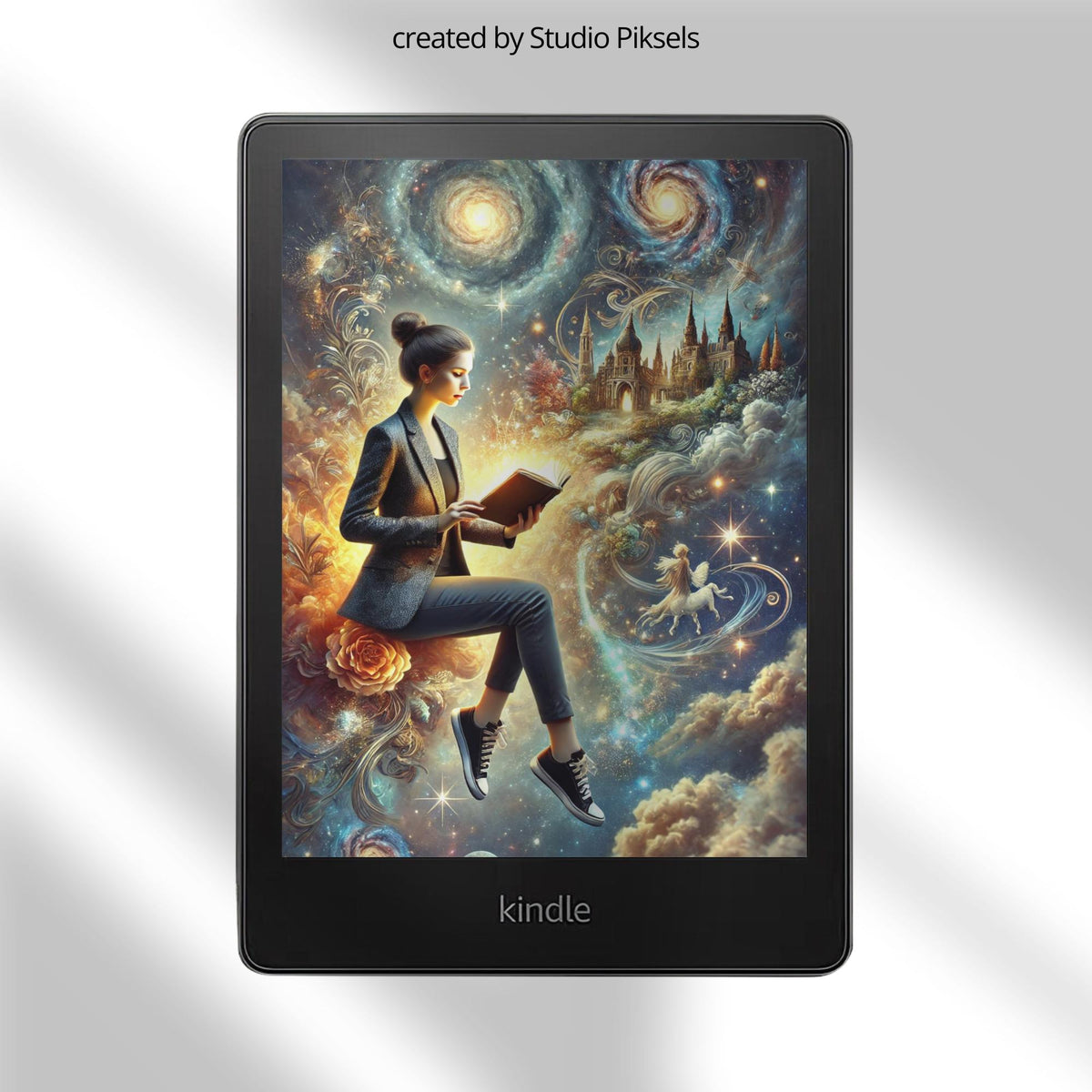 Kindle Colorsoft fantasy galaxy lock screen with magical stars, castles, and whimsical reader artwork in EPUB format