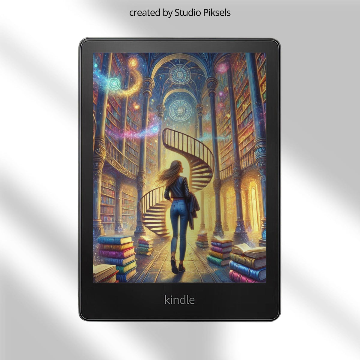 Kindle Colorsoft magical library lock screen with spiral staircase, glowing bookshelves, and fantasy reading artwork in EPUB format