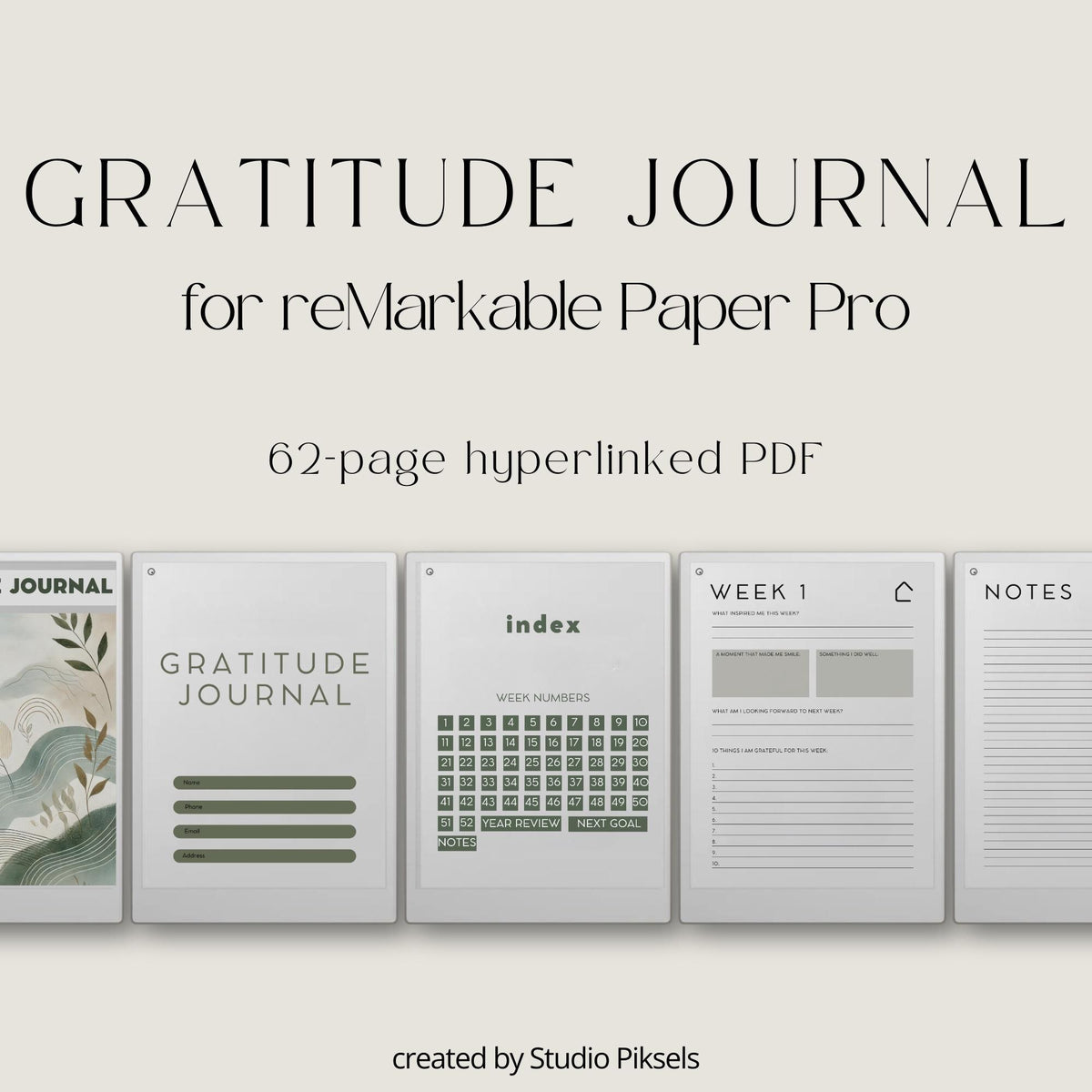 Hyperlinked Gratitude Journal for reMarkable Paper Pro with weekly reflection pages, guided gratitude prompts, goal-setting layouts, and digital mindfulness journaling templates.
