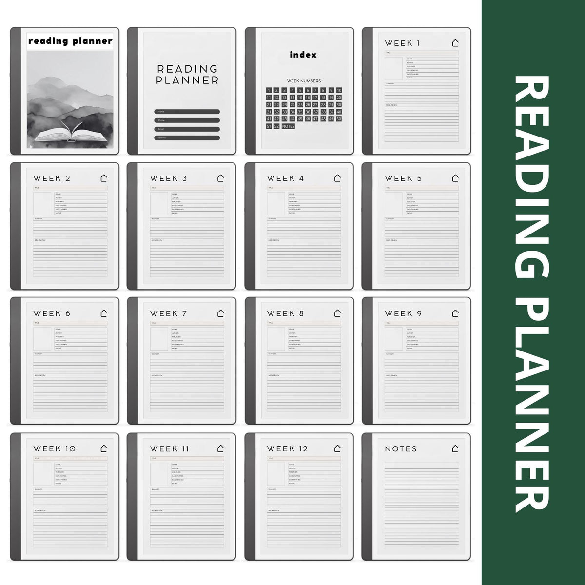 Weekly Reading Planner PDF for Kindle Scribe with hyperlinked book tracking and reading reflection pages.