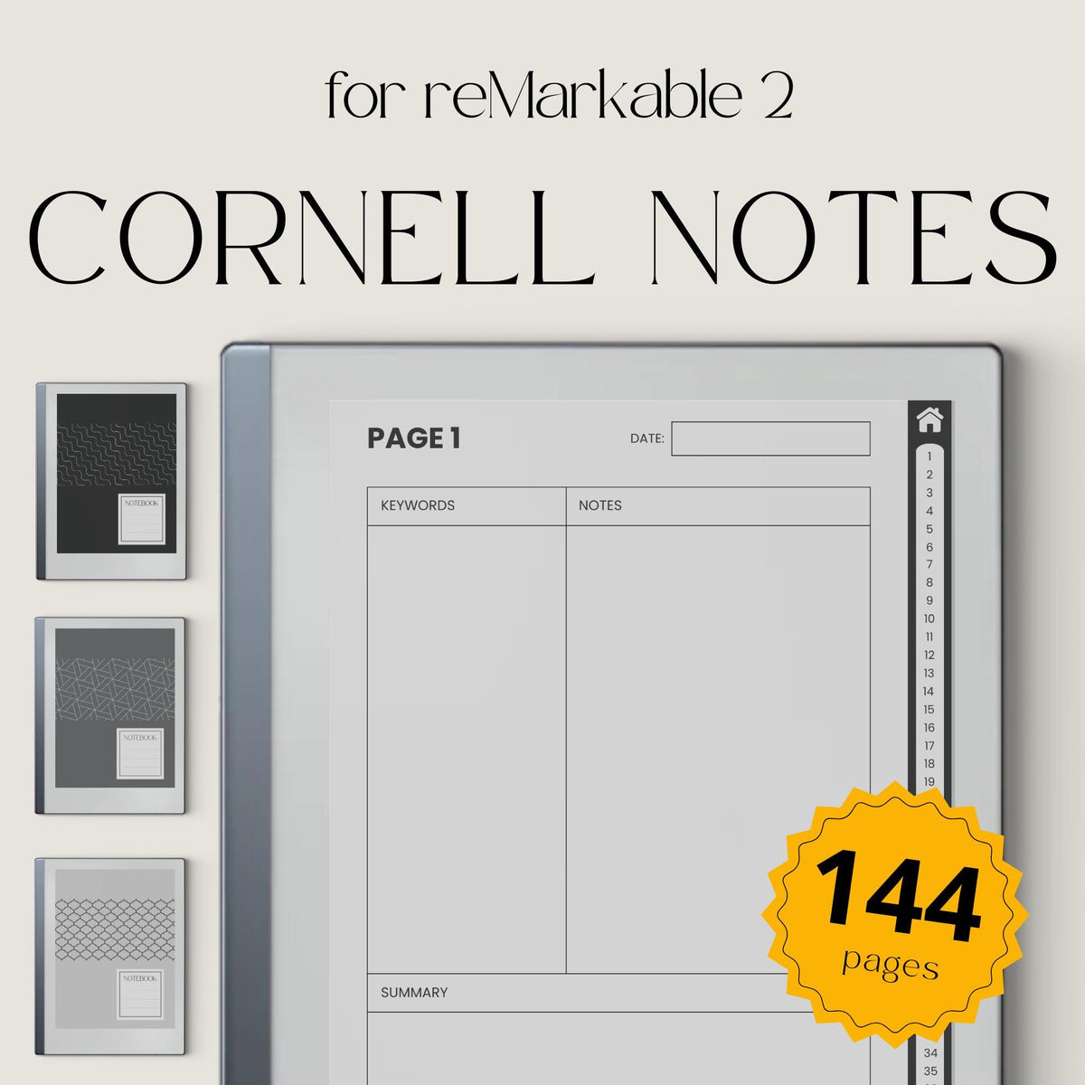 Cornell Notebook Bundle for reMarkable featuring hyperlinked digital notebooks with Cornell note-taking templates, lined notes pages, and organized navigation tabs.