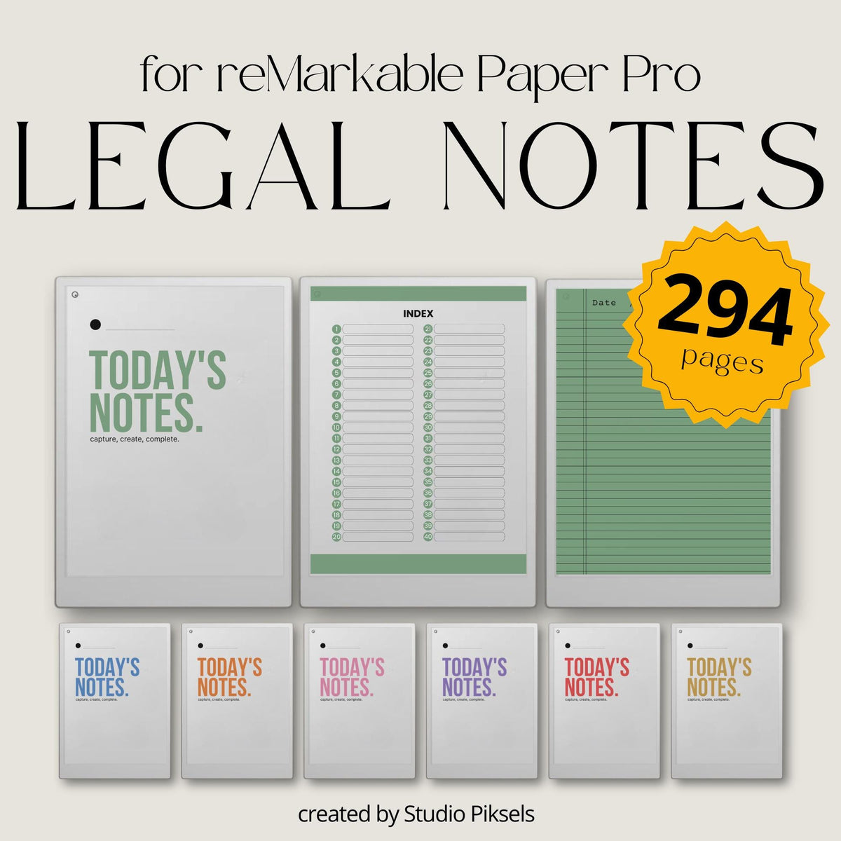 Legal Pad Notebook Bundle for reMarkable Paper Pro with seven color-coded hyperlinked notebooks, classic legal pad note pages, interactive indexes, lined writing templates, and reusable digital notebooks for organized note-taking, project planning, journaling, brainstorming, and meeting notes.