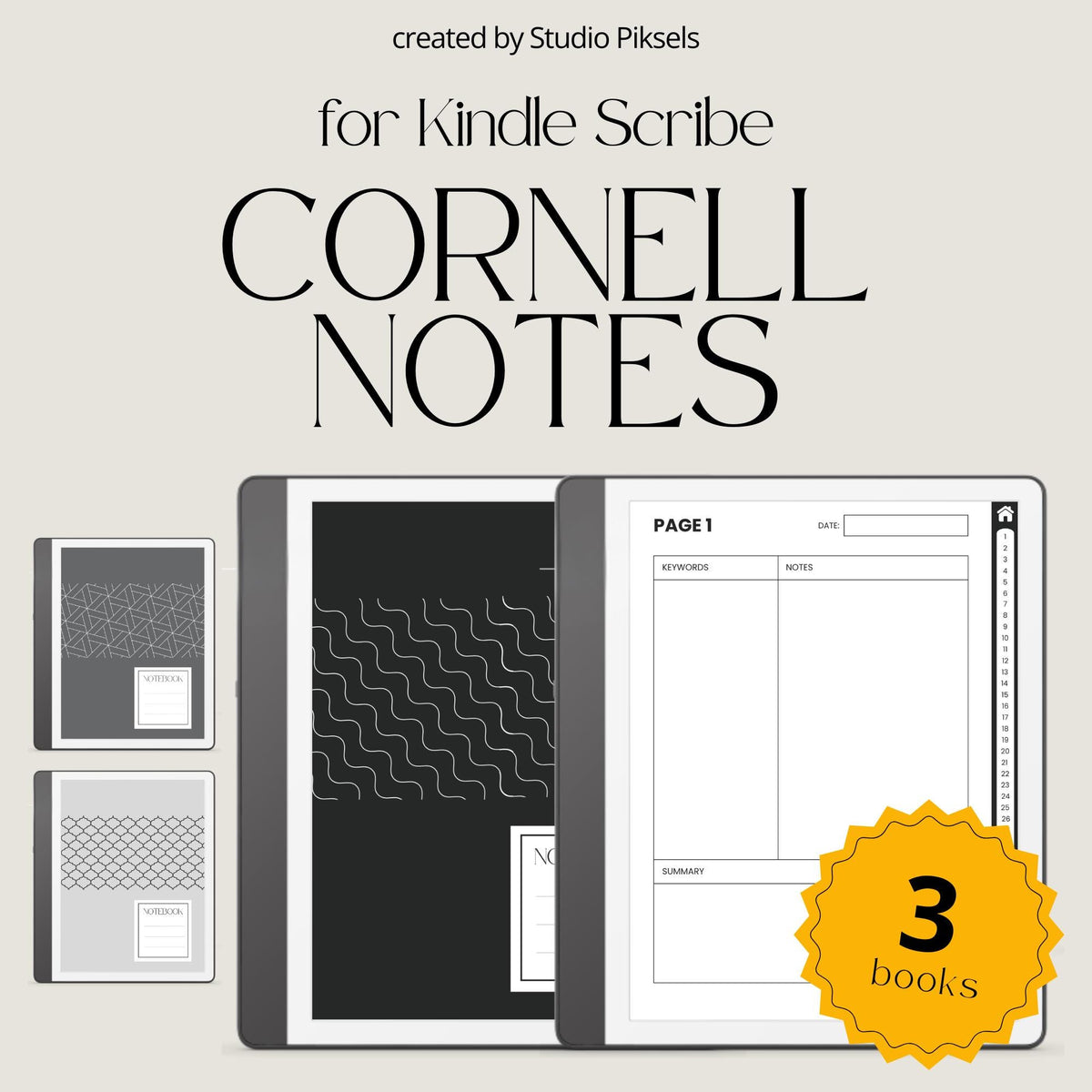 Cornell Notebook Bundle for Kindle Scribe with hyperlinked study notebooks, Cornell note-taking pages, and minimalist digital layouts.