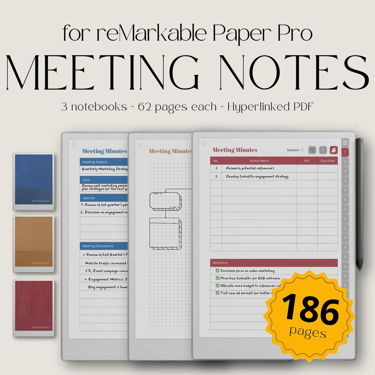Hyperlinked Meeting Notes Notebook Bundle for reMarkable Paper Pro with custom index pages, reusable meeting layouts, action planning sections, dotted notes pages, and digital meeting organization tools.