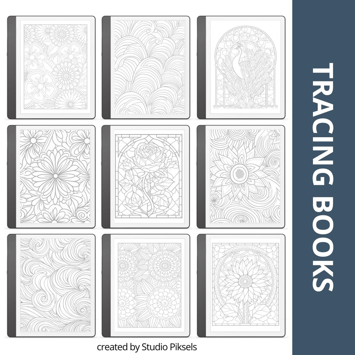 Stained Glass, Abstract Patterns, Floral & Wavy Patterns Tracing Book Bundle for Kindle Scribe featuring decorative tracing pages, floral illustrations, geometric patterns, and calming wave designs for mindful digital drawing.