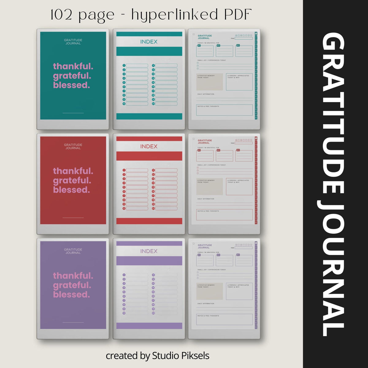 Hyperlinked Gratitude Journal Bundle for reMarkable Paper Pro with daily gratitude prompts, affirmation pages, reflection layouts, customizable indexes, and reusable digital journaling pages.