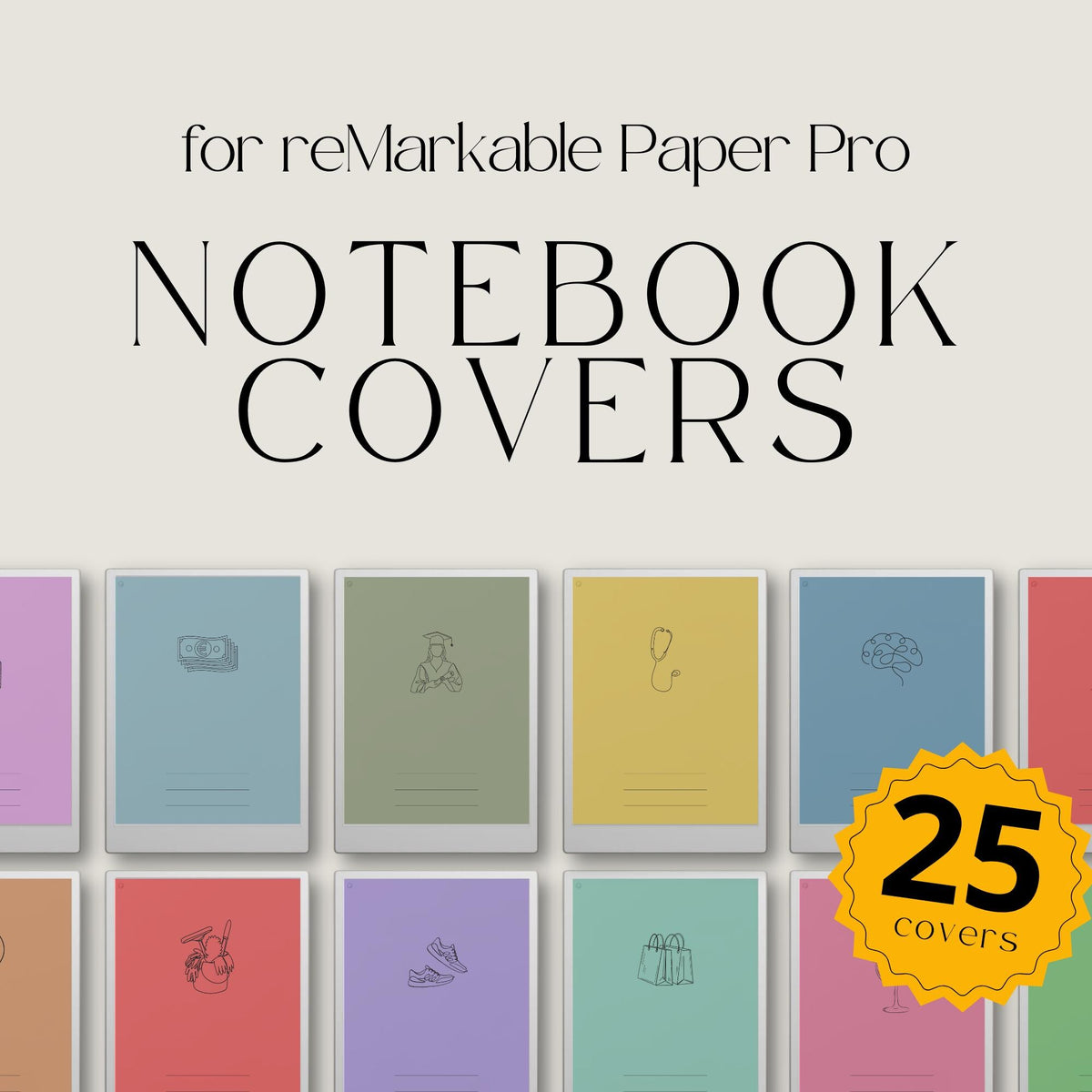 Organize your digital notebooks with this Icon Notebook Cover Bundle designed for reMarkable Paper Pro. This collection includes 25 colorful notebook covers with minimal line-art icons to help you quickly identify notebooks by category, topic, or purpose.