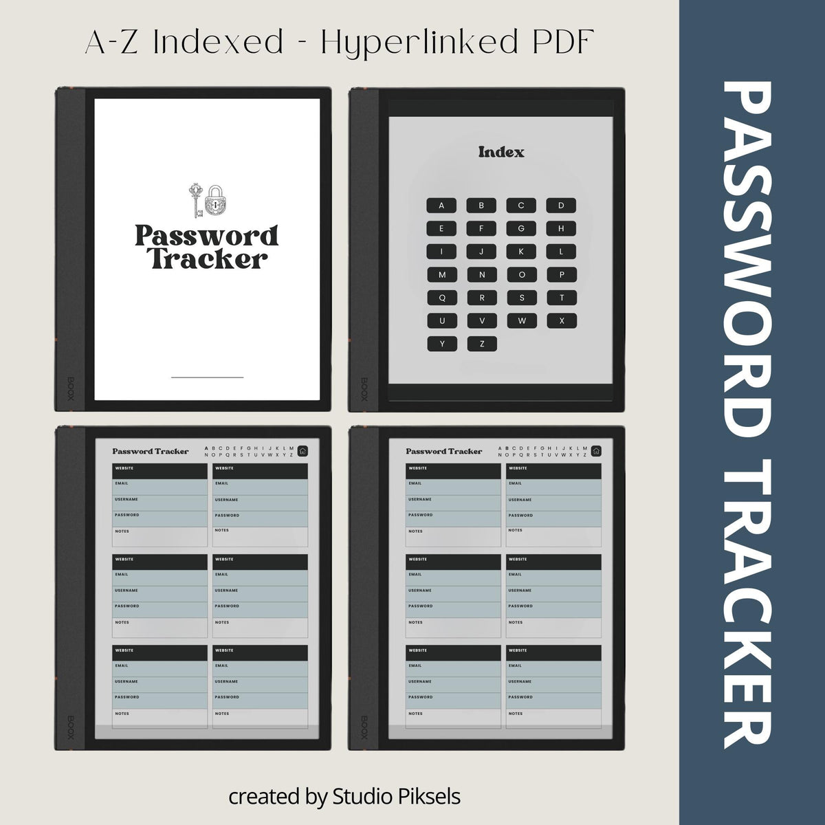 Password Tracker Bundle for BOOX e-Ink tablets with hyperlinked A-Z password pages and grayscale digital organizer layouts.
