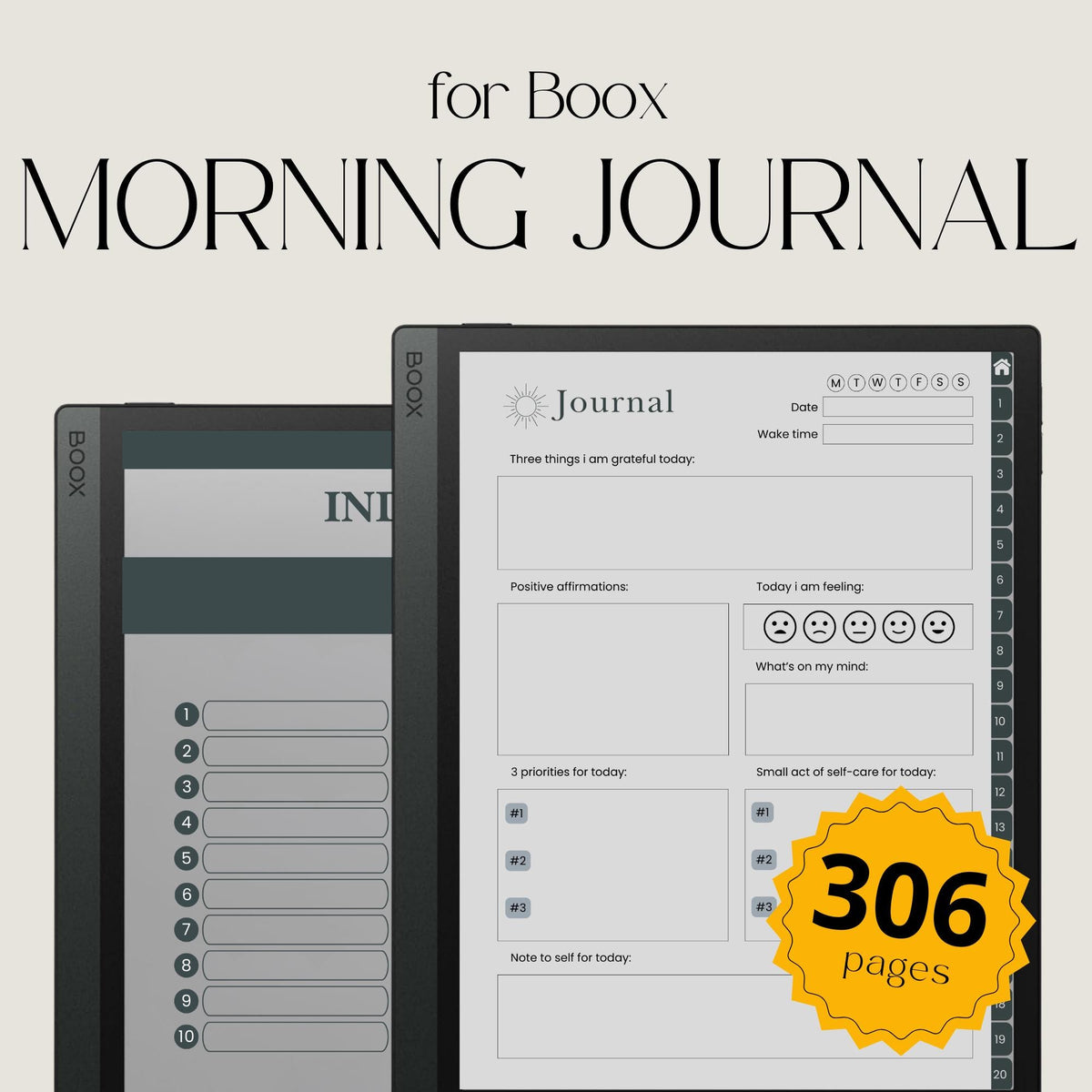 Morning Journal Bundle for BOOX with hyperlinked gratitude pages, mindfulness prompts, and grayscale digital journaling layouts.