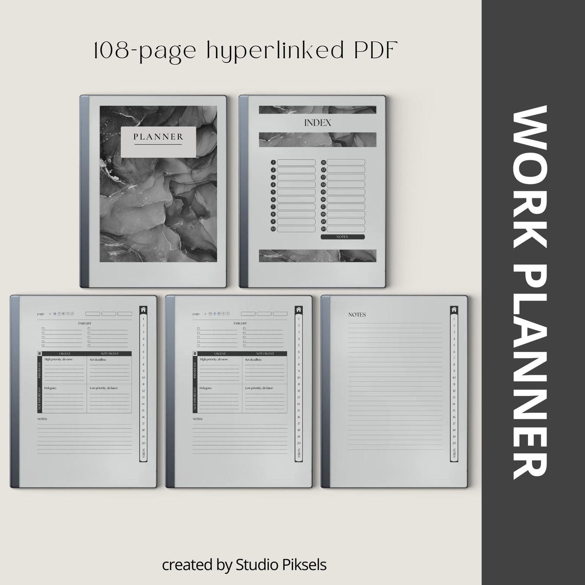 Digital Work Planner for reMarkable 2 with Eisenhower Matrix planning pages, task management layouts, project planner sections, to do lists, notes pages, and hyperlinked PDF navigation.