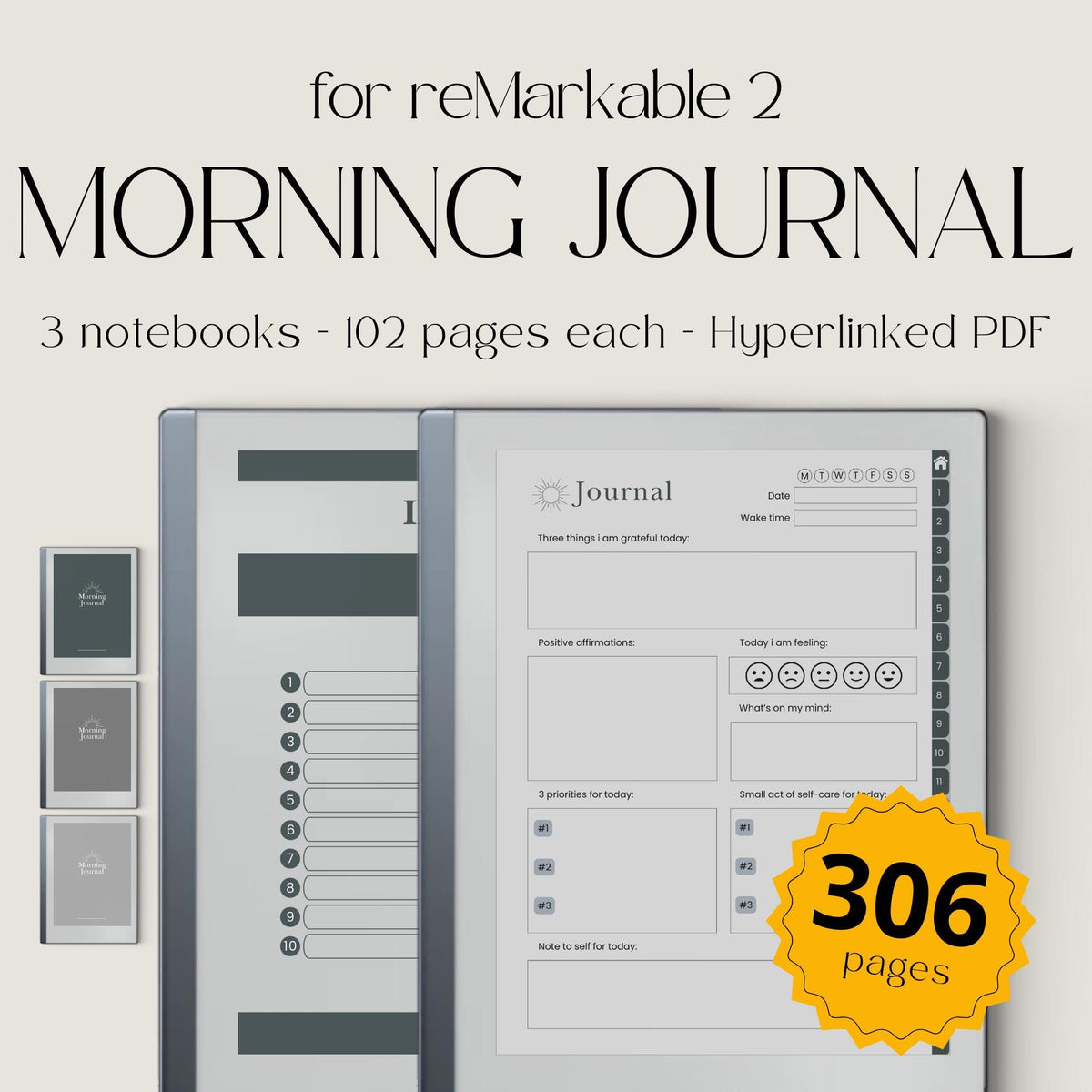 Morning Journal Bundle PDF for reMarkable 2 and Paper Pure with grayscale reflection pages, gratitude prompts, and hyperlinked navigation