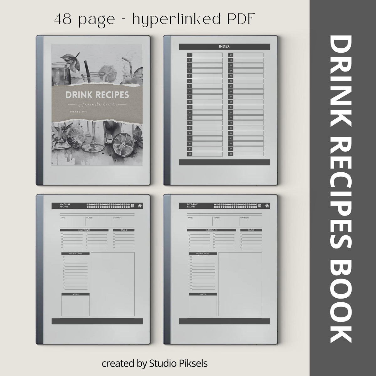 Recipe Book Collection for reMarkable 2 and reMarkable Paper Pure featuring hyperlinked cooking, baking, and drink recipe notebooks with reusable digital recipe templates and minimalist monochrome covers