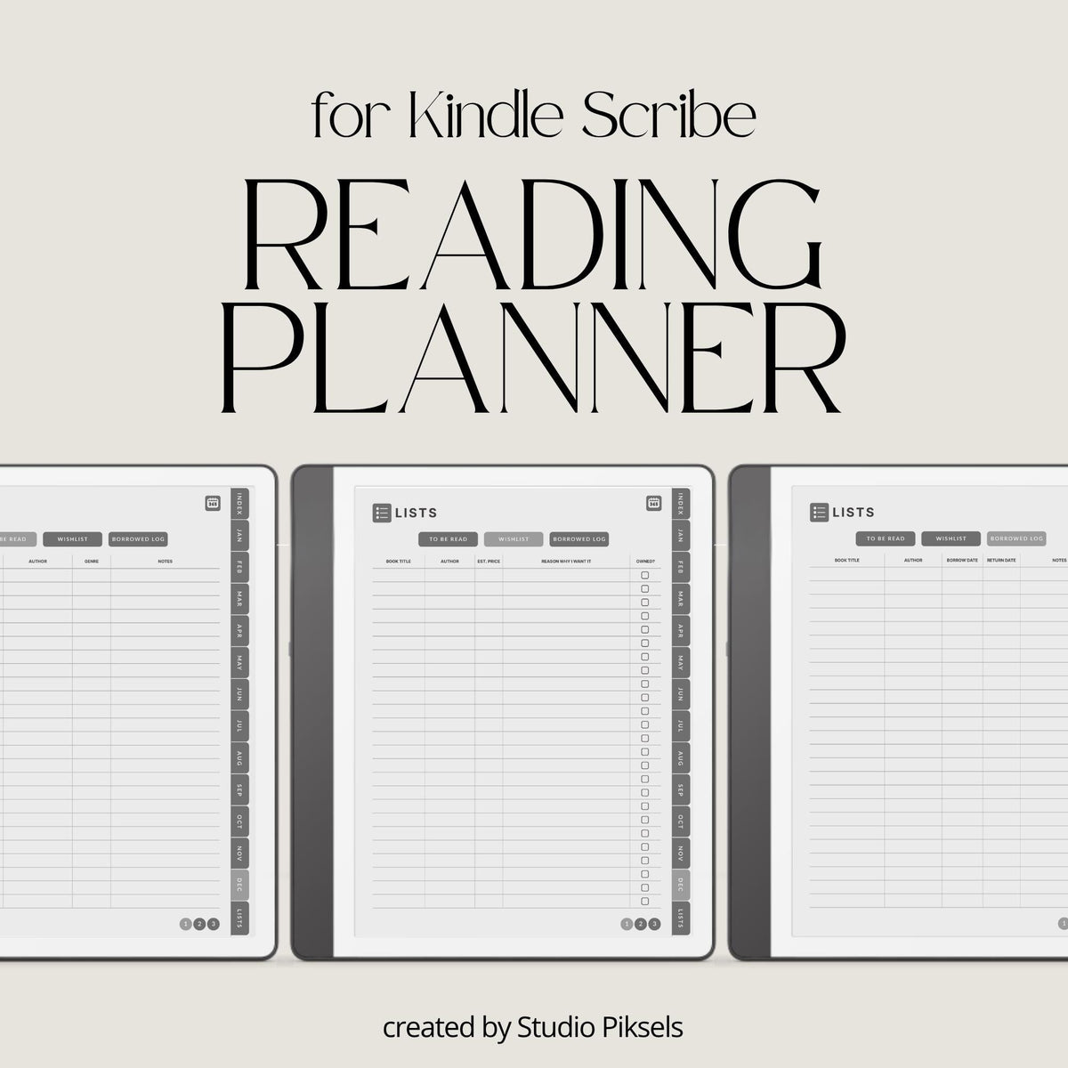 Hyperlinked Reading Planner for Kindle Scribe featuring monthly reading trackers, yearly reading goals, book reflection pages, and organized reading lists.