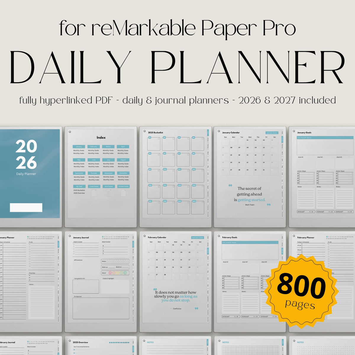 Stay organized throughout 2026 with this Daily Planner for reMarkable Paper Pro. Designed to combine planning, scheduling, journaling, goal setting, and personal reflection.