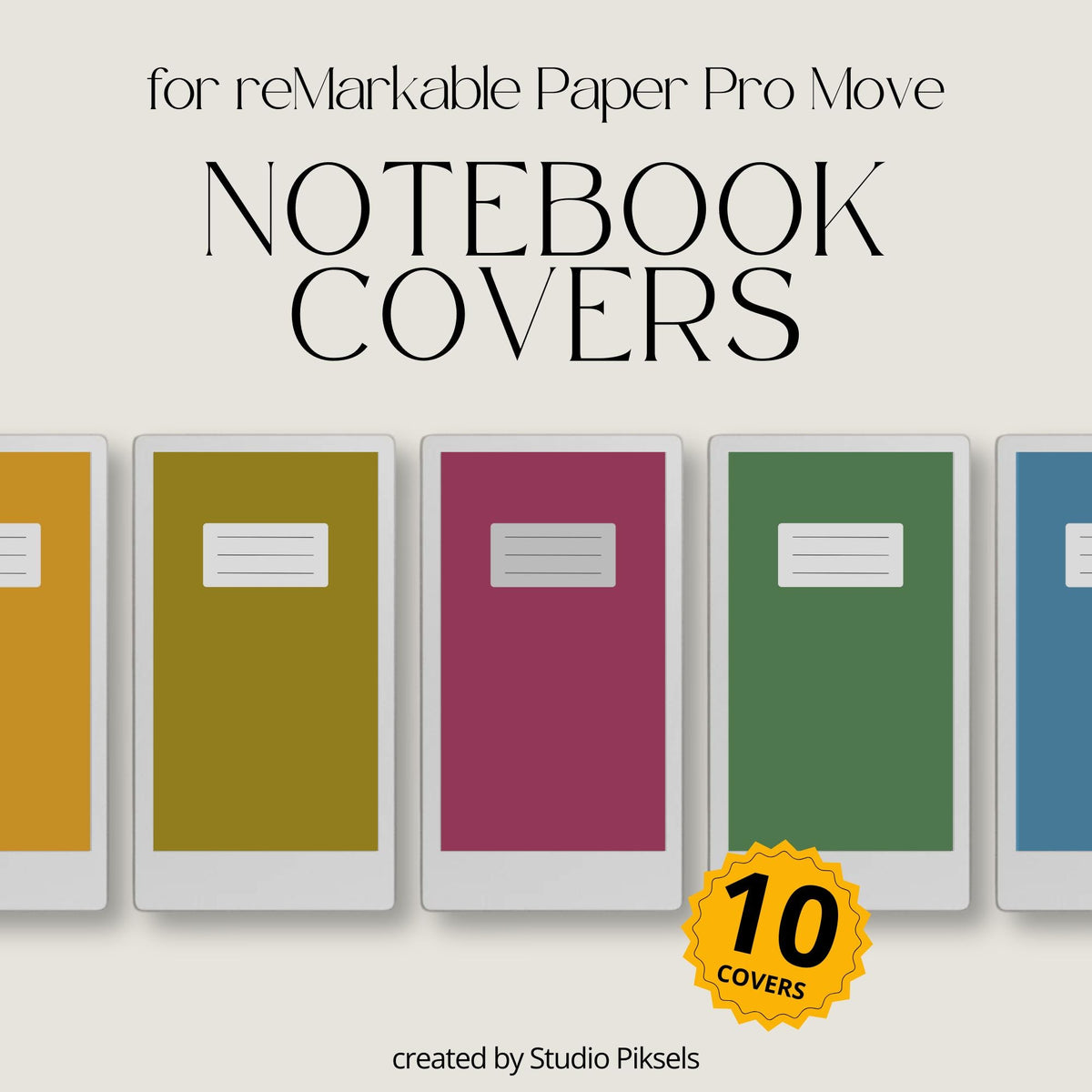 Classic notebook cover bundle for the reMarkable Paper Pro Move featuring 10 solid-color digital covers, minimalist planner aesthetics, and file organization layouts.