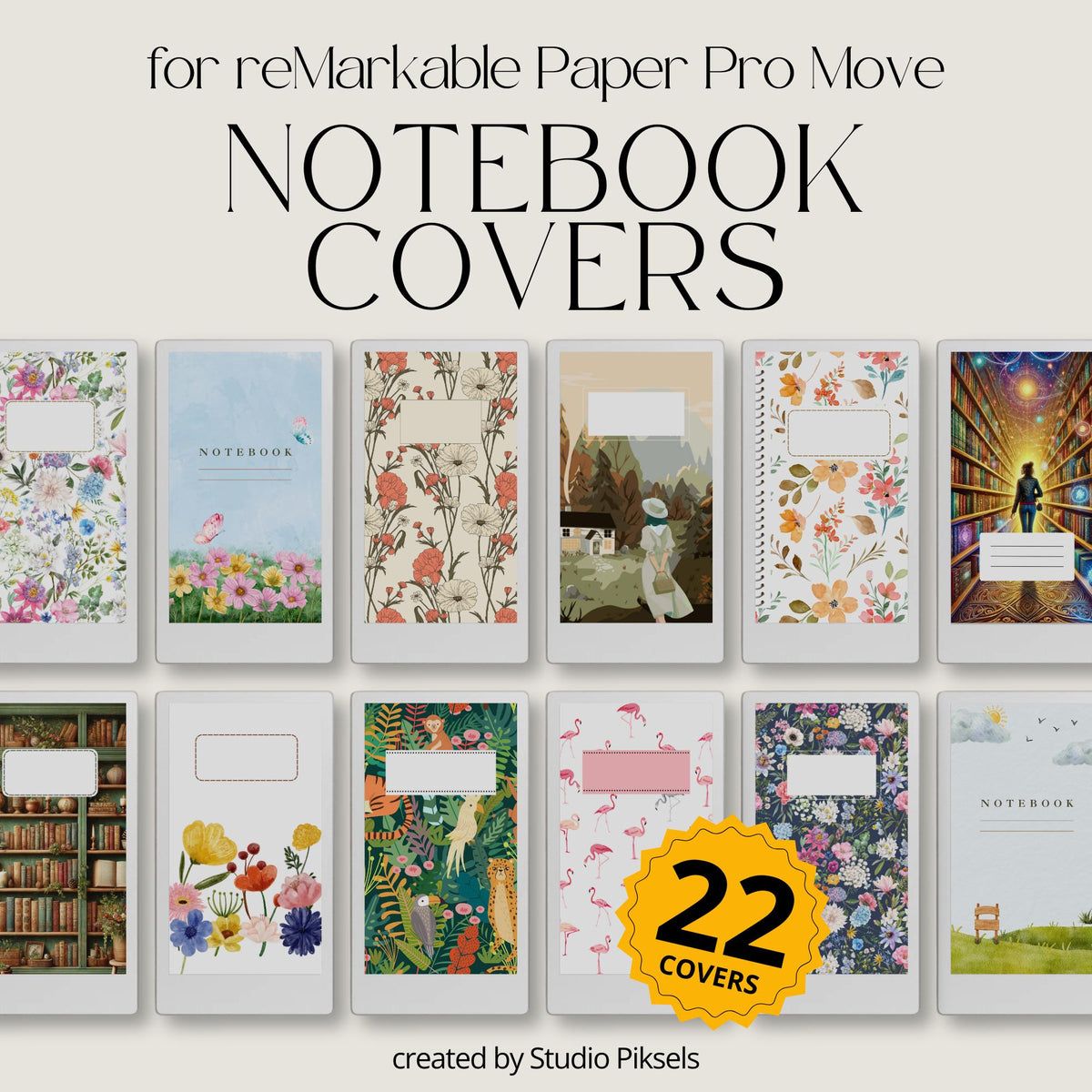 Illustrated notebook cover bundle for the reMarkable Paper Pro Move featuring 22 artistic digital covers, floral patterns, and library organization styles.