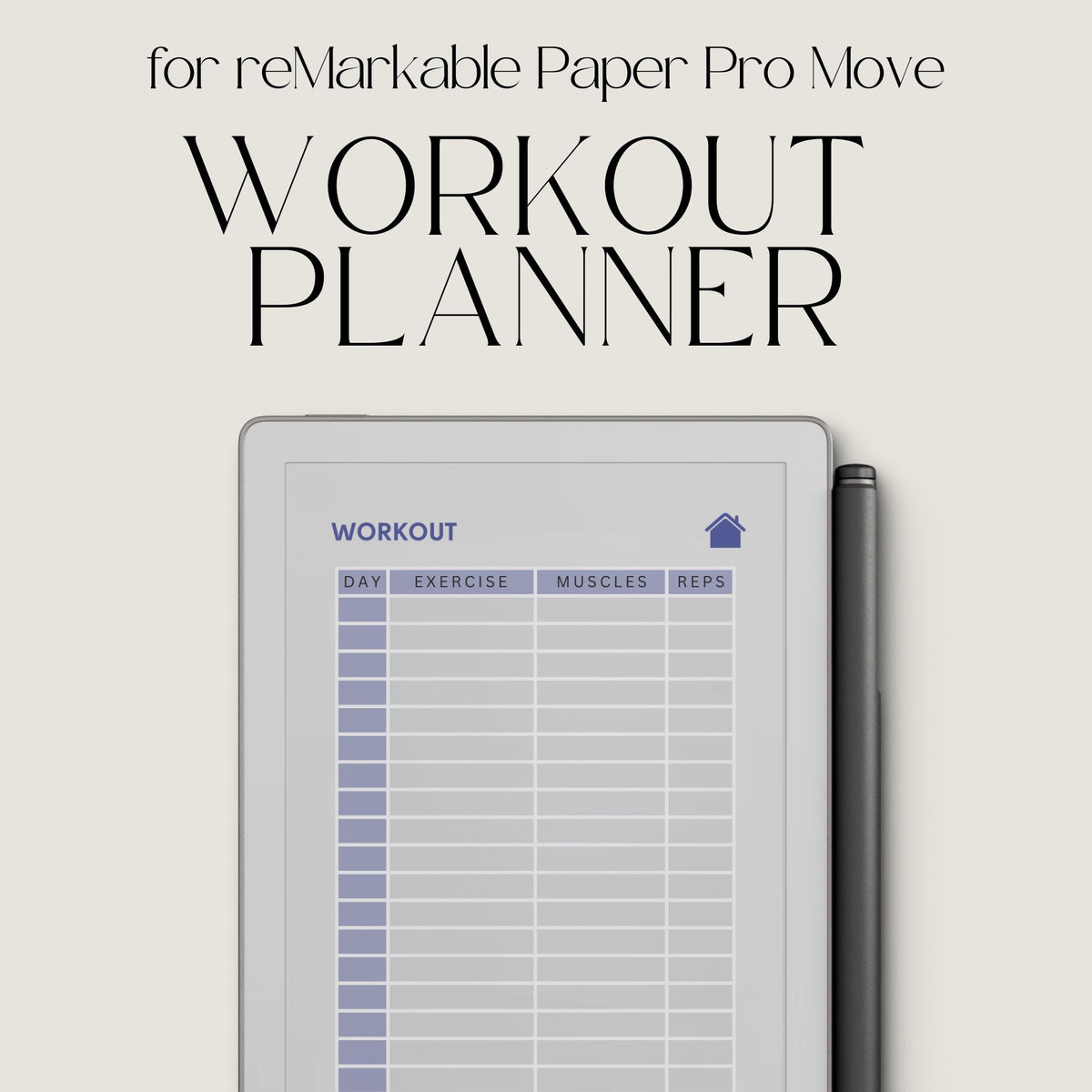 Hyperlinked fitness journal for reMarkable Paper Pro Move featuring workout log pages, linked fitness sections, notes pages, and extra tracker templates for digital fitness planning.