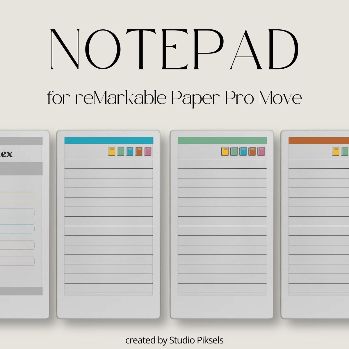 Hyperlinked digital notepad for reMarkable Paper Pro Move with lined pages, color-coded sections, and clickable notebook navigation