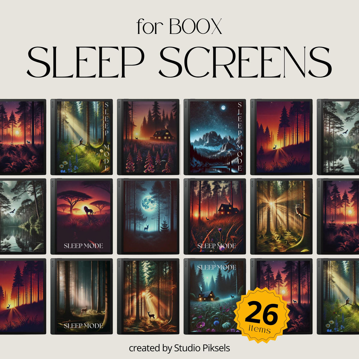 BOOX Sleep Screen Bundle with 26 forest and nature screensavers featuring cabins, sunsets, and peaceful landscapes for BOOX E Ink devices
