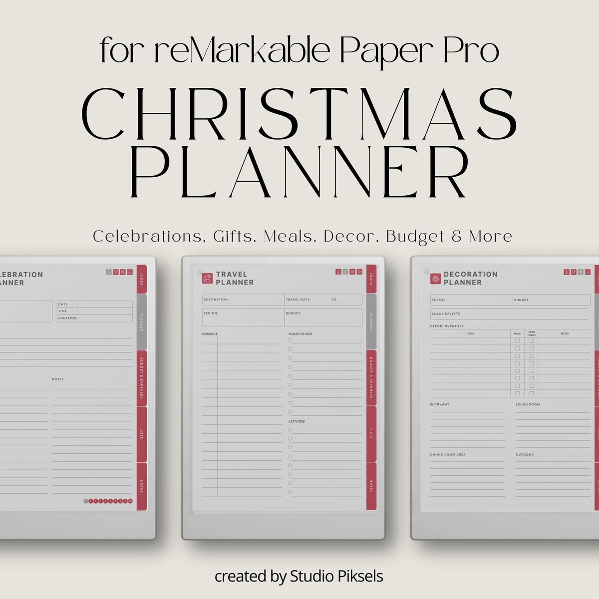 Hyperlinked Christmas Planner for reMarkable Paper Pro with holiday budgeting pages, gift trackers, meal planning layouts, travel sections, and festive digital organization tools.