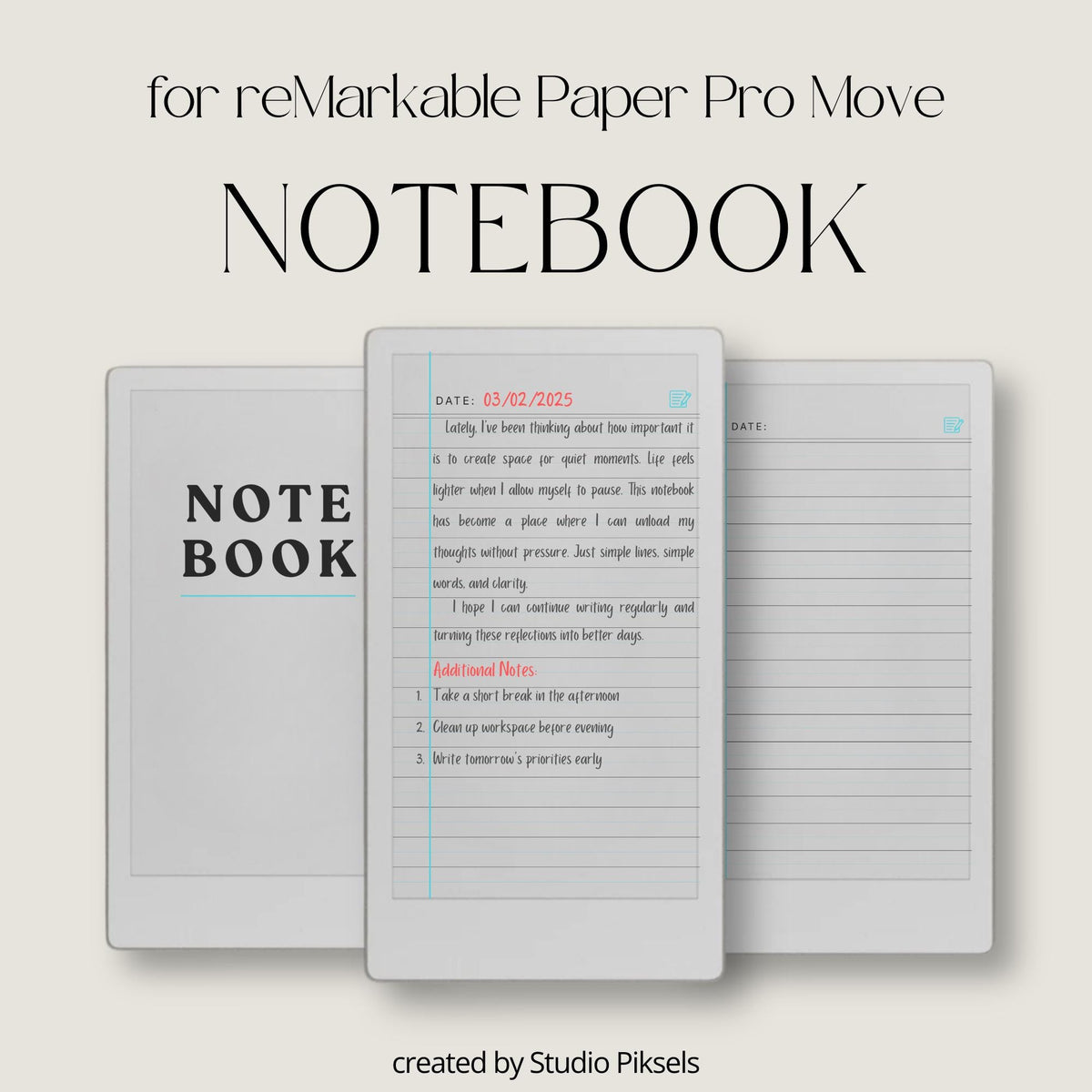 Legal ruled digital notebook for reMarkable Paper Pro Move with blue margin lines and 100 structured writing pages
