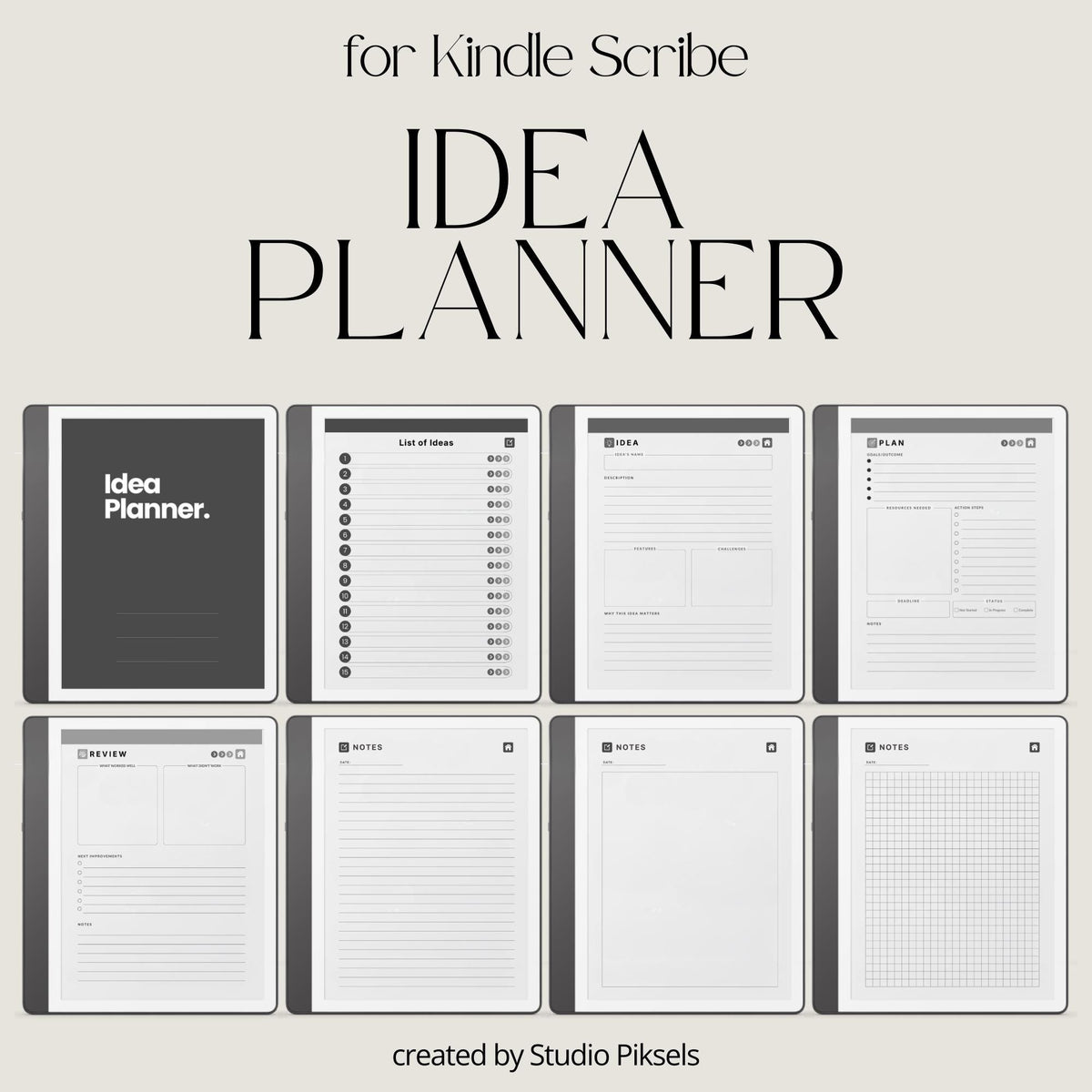 Idea Planner for Kindle Scribe with guided brainstorming layouts, planning pages, review sections, and hyperlinked digital notes pages.