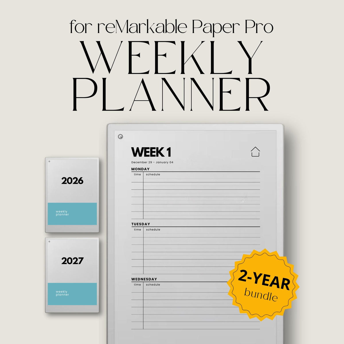 2026 2027 Weekly Planner for reMarkable Paper Pro featuring four hyperlinked digital PDF planners with quarterly and 52-week index versions, 53 dated weekly spreads per year, two-page Monday through Sunday weekly layouts, linked notes section, duplicate-ready note pages, and a flexible time blocking format.
