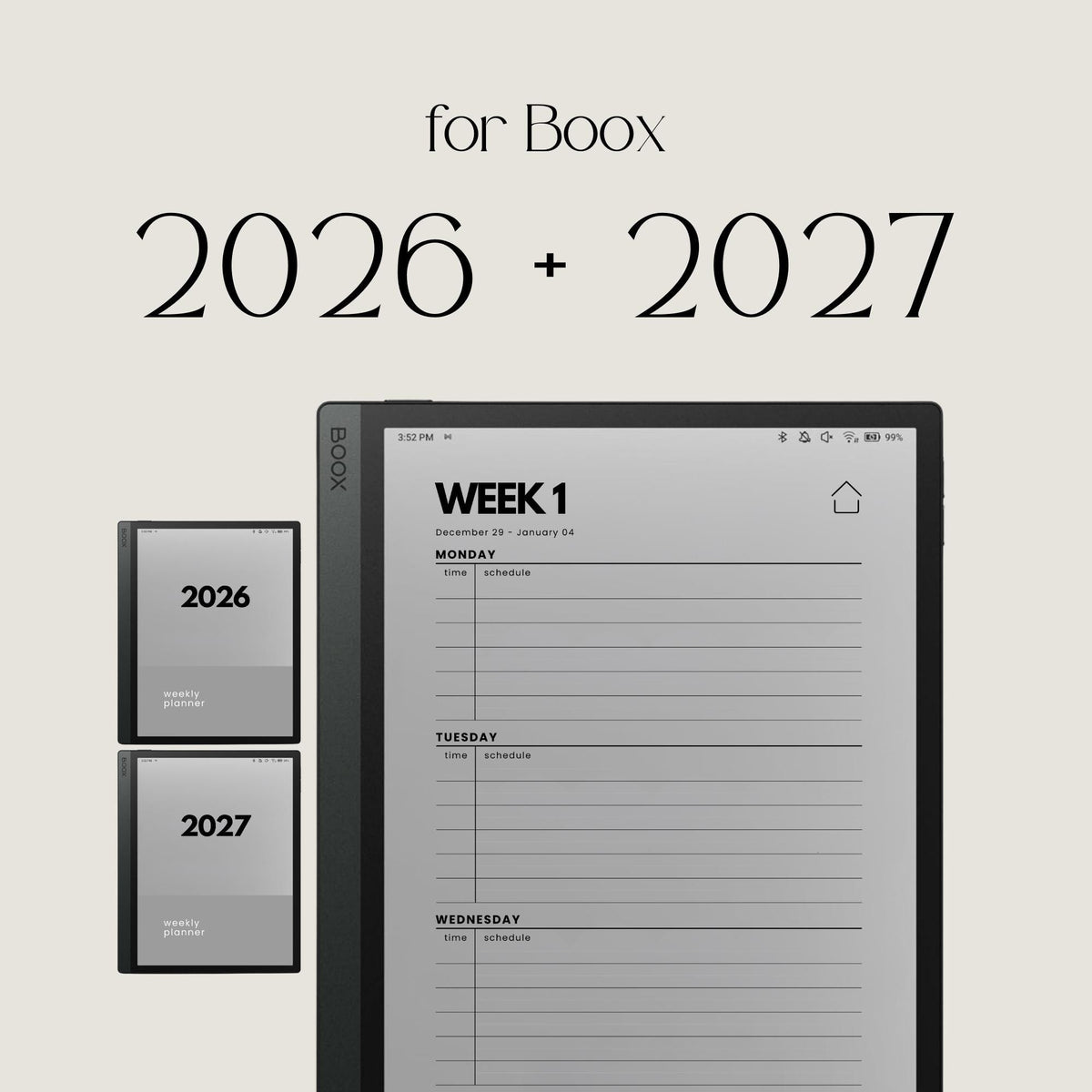 2-Year hyperlinked weekly planner bundle for BOOX devices featuring 2026 and 2027 digital planners with quarterly indexes, weekly navigation, and minimalist layouts.