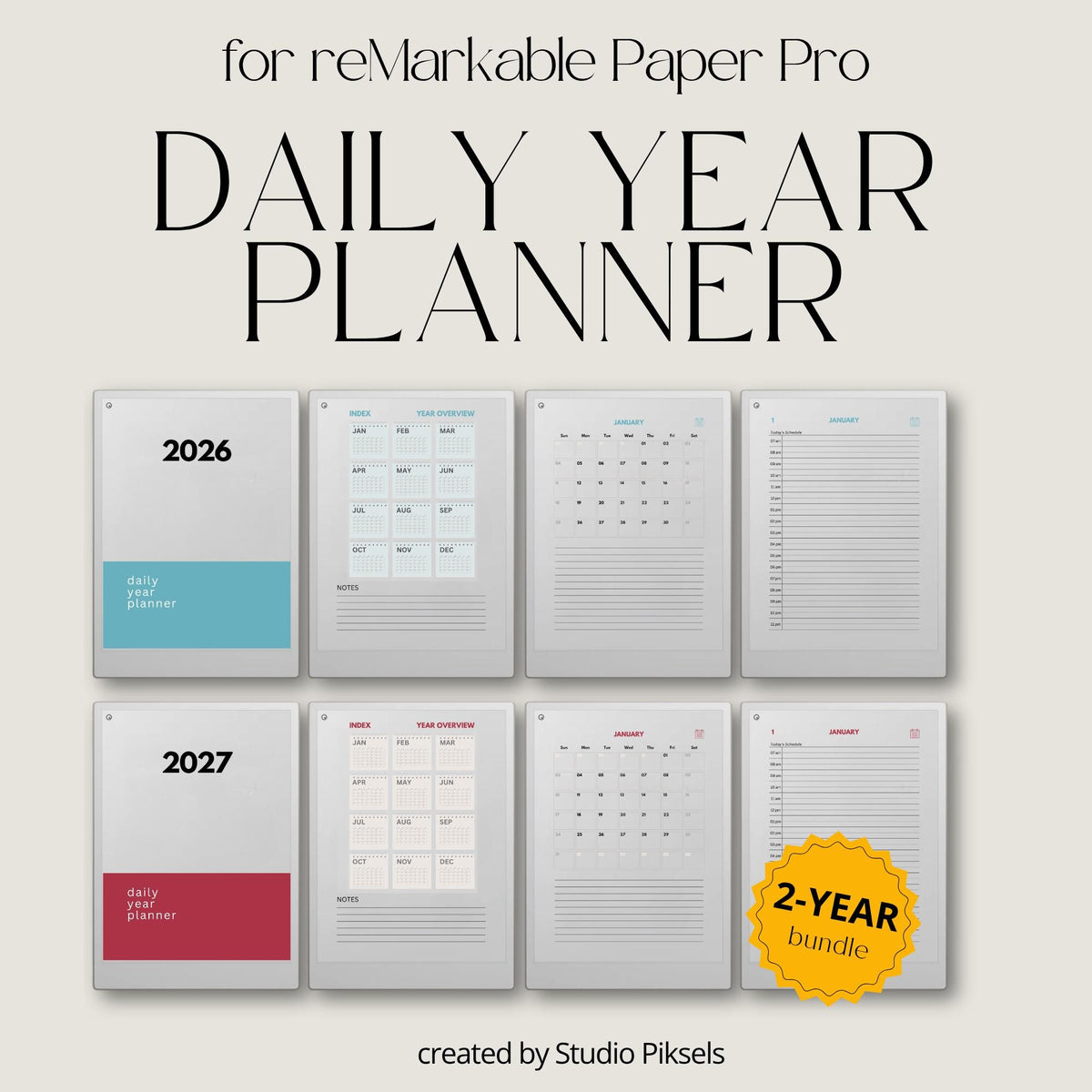 2-Year Hyperlinked Planner Bundle for reMarkable Paper Pro with daily hourly schedules, monthly calendars, and yearly planning pages for 2026 and 2027