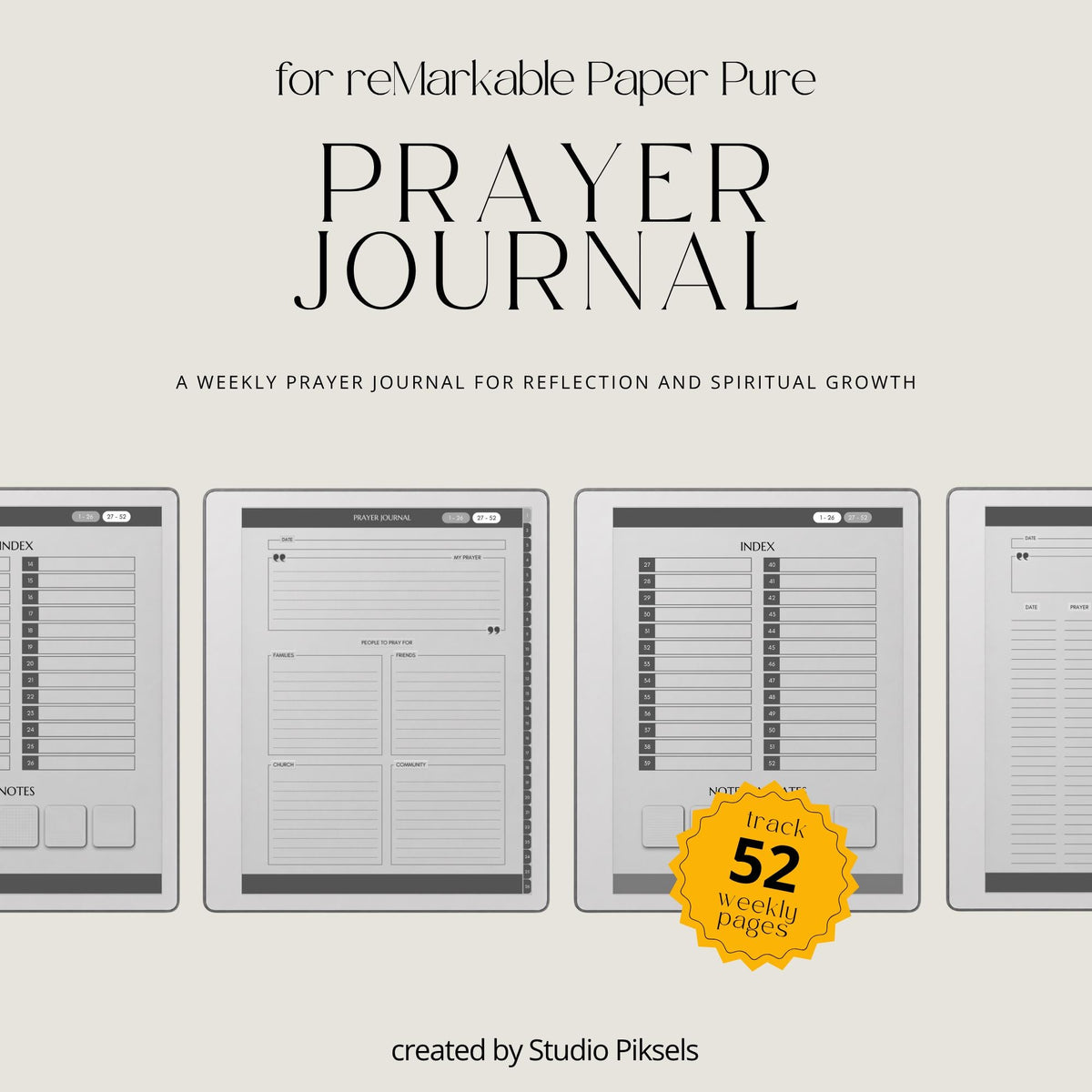 Hyperlinked Weekly Prayer Journal for reMarkable 2 and reMarkable Paper Pure with 52 weekly prayer pages, prayer lists, Bible study notes, and monochrome e-ink layouts.
