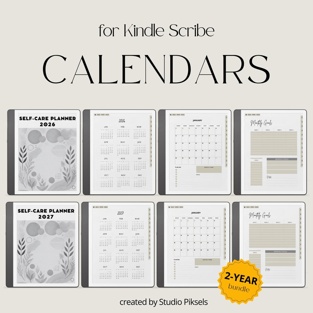 2026 Self Care Planner for Kindle Scribe featuring monthly wellness planning pages with calendars, gratitude journals, habit trackers, vision boards, and self care routines for mindful digital planning.