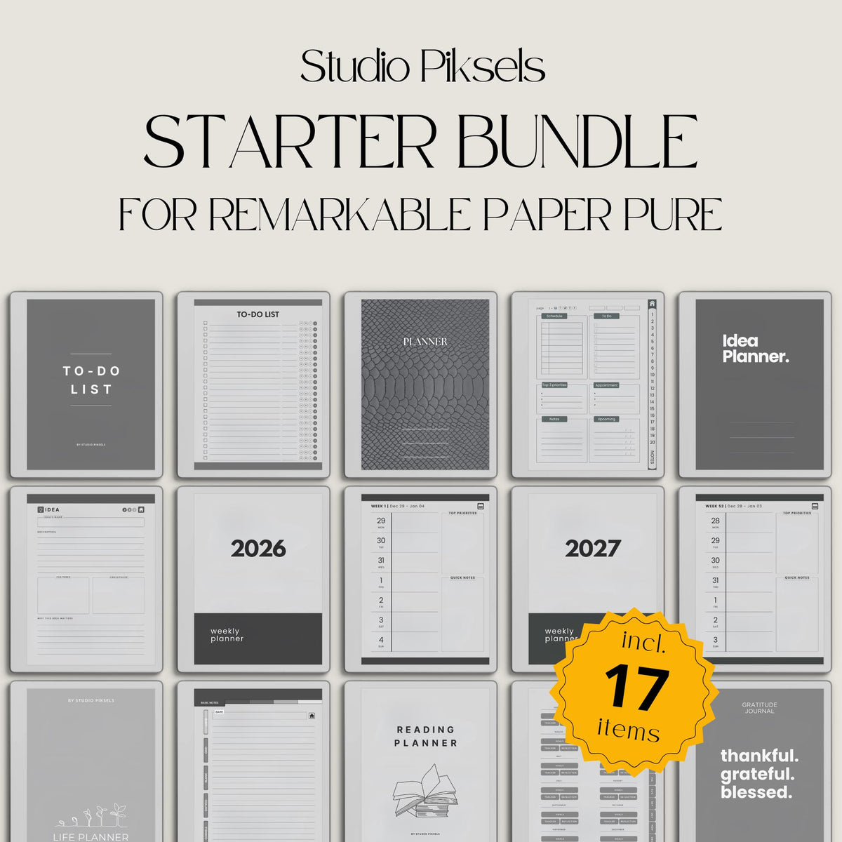 17-Piece Starter Bundle for reMarkable Paper Pure featuring digital notebooks, 2026 and 2027 weekly planners, trackers, journals, contact pages, password tracker, work planner, reading planner, and a 140-page puzzle and tracing book optimized for monochrome e-ink.