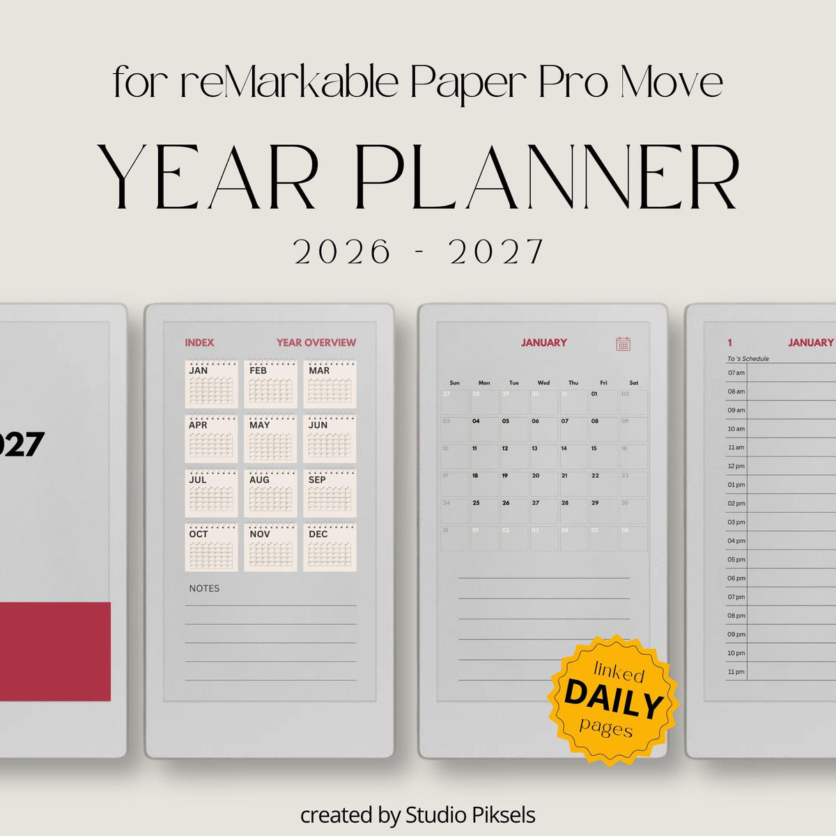 2-Year Hyperlinked Planner Bundle for reMarkable Paper Pro Move featuring 2026 and 2027 hyperlinked PDF planners with yearly overviews, monthly calendars, daily hourly planning pages, and seamless navigation on the color e-ink display.