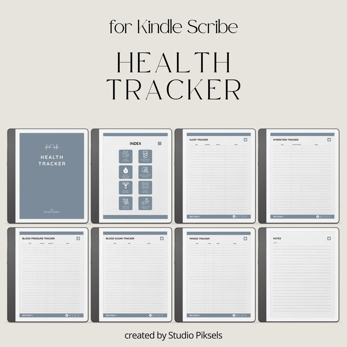 Health Tracker for Kindle Scribe featuring a slate gray monochrome design with hyperlinked sleep, hydration, blood pressure, blood sugar, mood, symptom, medication, and period tracking pages.