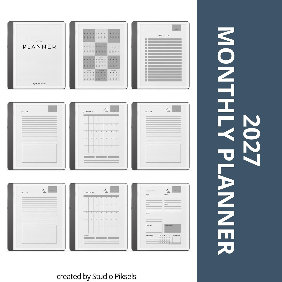 Stay organized throughout 2026 and 2027 with this hyperlinked monthly planner bundle for Kindle Scribe. Designed for monthly planning, goal setting, habit tracking, and personal organization, this digital planner helps keep schedules, priorities, habits, and notes structured in one easy-to-use system.