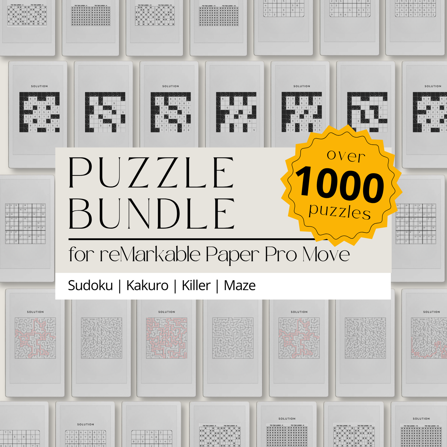 Puzzle Bundle PDF for reMarkable Paper Pro Move with Sudoku, Kakuro, maze puzzles, and logic games for brain training.