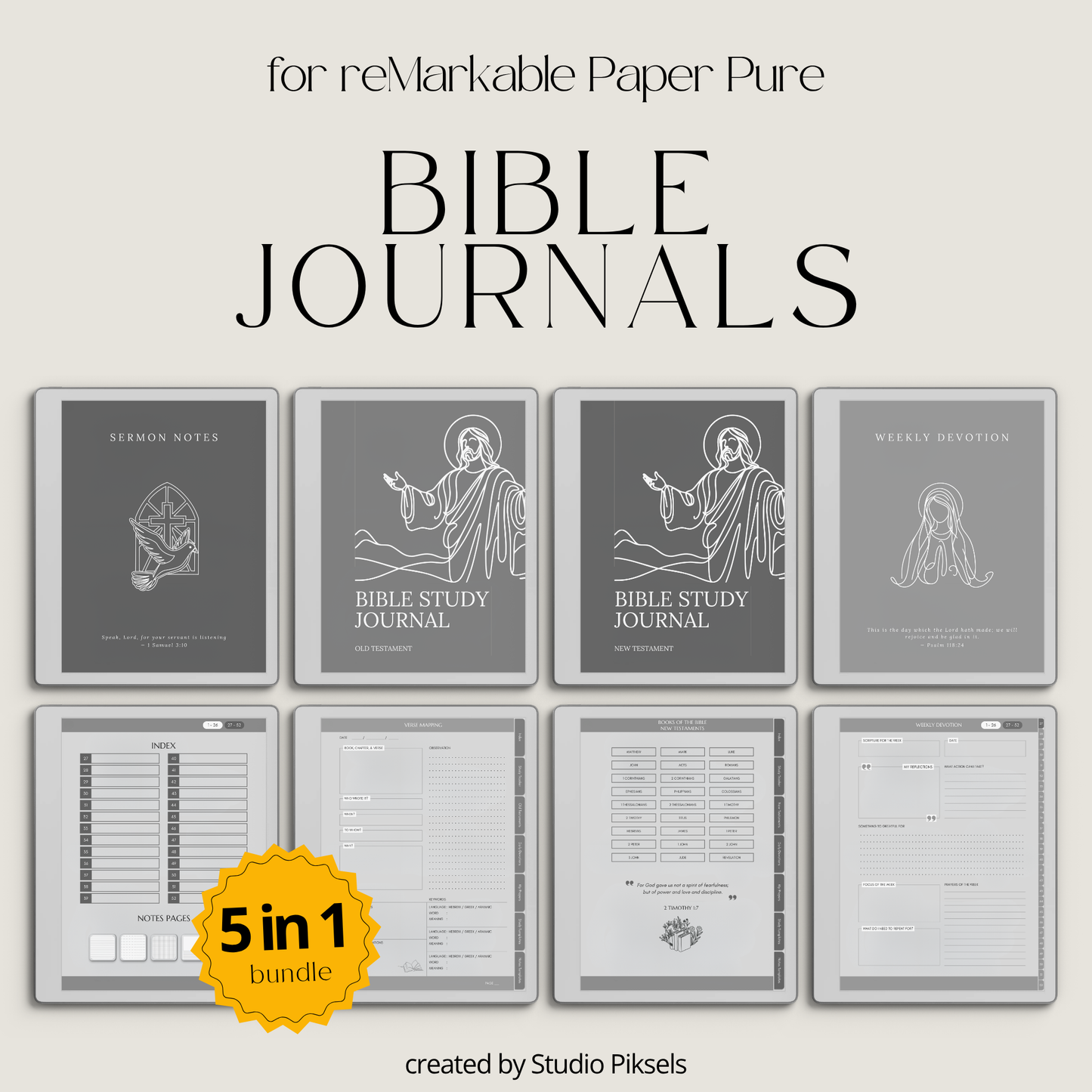 Bible Journal Bundle for reMarkable Paper Pure & reMarkable 2 with Bible study journals, sermon notes, prayer journal, devotion planner & hyperlinked templates.